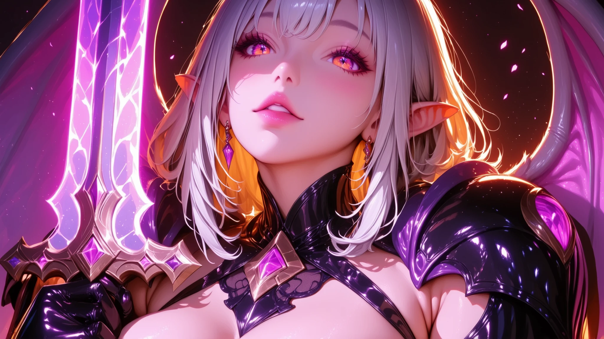 masterpiece, best quality, 1girl, solo, near her lies her elven sword, clear realistic skin without tattoos
A tight-fitting multi-layered A stunning elven knight girl with a perfect feminine figure, sculpted from smooth, glowing stone and adorned with intricate magical runes. Her body is elegant and balanced, combining ancient statue-like grace with soft, she wear elven armor in style of LOTR, humanoid beauty. Perfect skin glow softly with magical light, and crystal shards are embedded in her arms and shoulders. She has expressive eyes, ethereal elegance, and flowing hair made of shimmering mineral threads or silver energy strands. The scene is set in a mystical ancient temple or enchanted forest, bathed in soft, magical light. Near her lies her elven sword, Highly detailed, 4K quality, ultra-realistic textures, fantasy art style, magical realism, masterpiece, anime-inspired, golem girl, Count_9,Count_8_up,Count_7_up, LavaGolemMGE, white/grey hair, orange eyes, large, black sclera, dyed sclera, ((подгрудье))), beatiful perfect face, elven ears. High detail, 8k quality