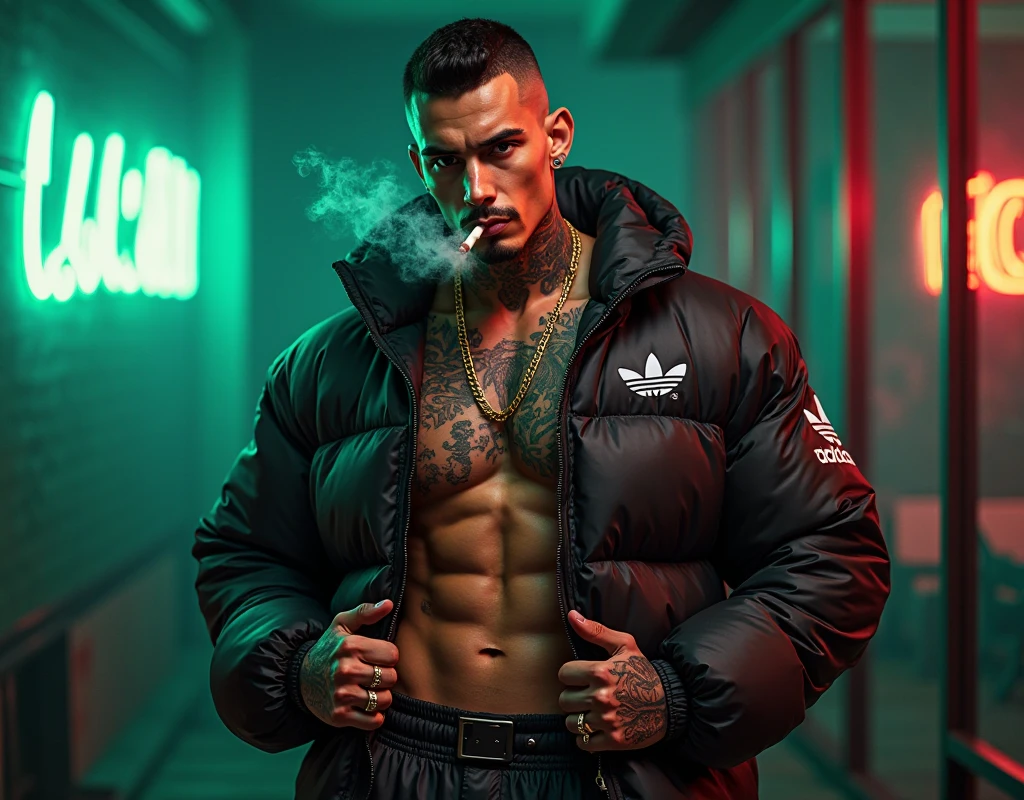 There is a man with hat smoking cigarette shirtless :: high detail, locker room, tattooed muscular body, posing for an intricate fight, Southpaw mma posture, highly detailed upper body, tattooed man, no hood | | Shaded realistic, highly detailed full body, realistic textured skin, Second Life avatar, as a realistic character
