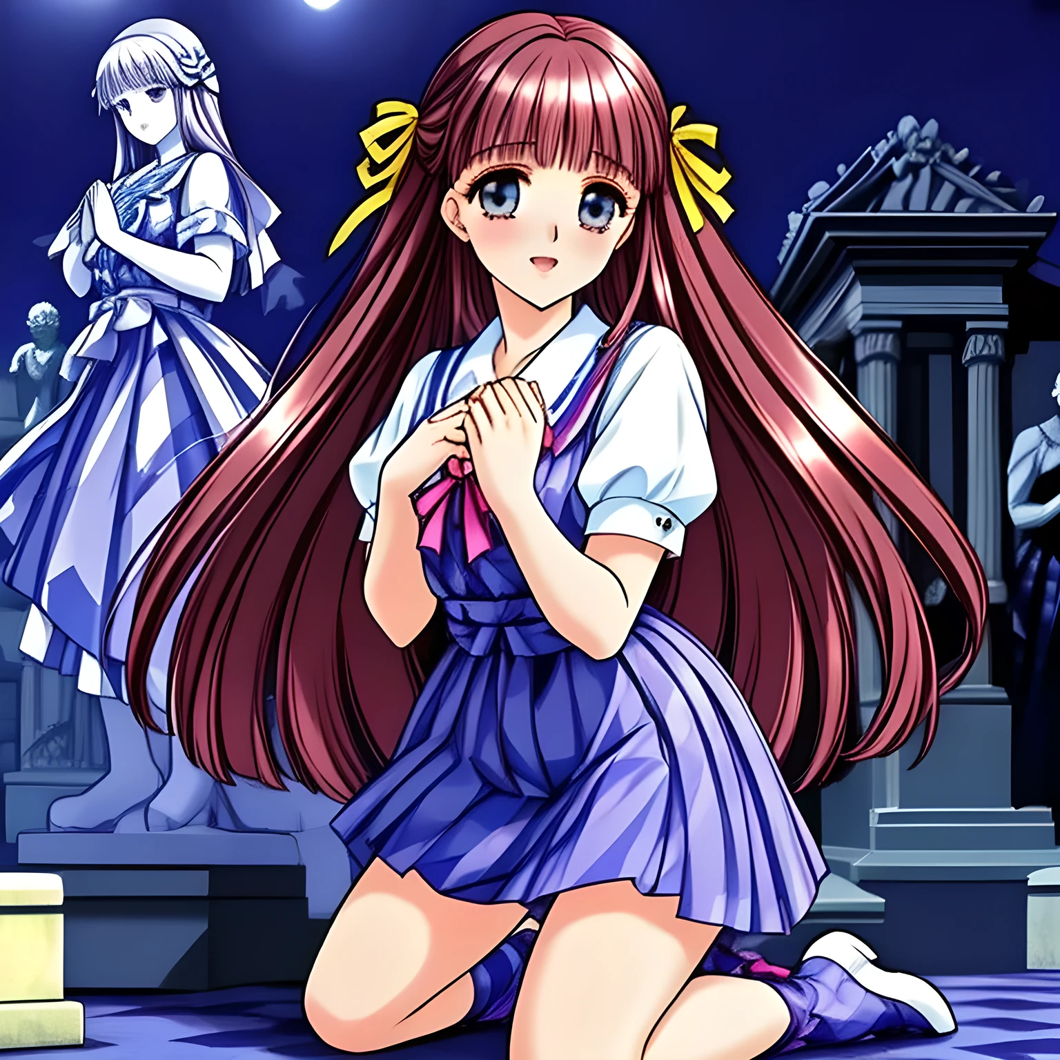 (highest quality, masterpiece:1.5), highest quality, High resolution, 1080p, 8K, (Too beautiful, ((Too much beloved)) noble grown beautiful beautiful lady with detailed is kneeling and praying to summon me to pleasure with her at night, the lady is lighted: 1.4), (Happy face with unreal beauty: 1.0), ((Blue Gorgeous Gothic-style gorgeous dress with many lovable ribbons: 1.6)), (Too beautiful dreamy eyes charm me), (Nothing background except statues of the school plaid checkered pleats skirts and legs: 1.8), ((purity and neatness is very impressing): 1.8), (Half body shot: 1.6), (Beautiful blue eyes), (shiny pink super-long wavy hair), (golden ear accessories and pendant), (Diamond rings)