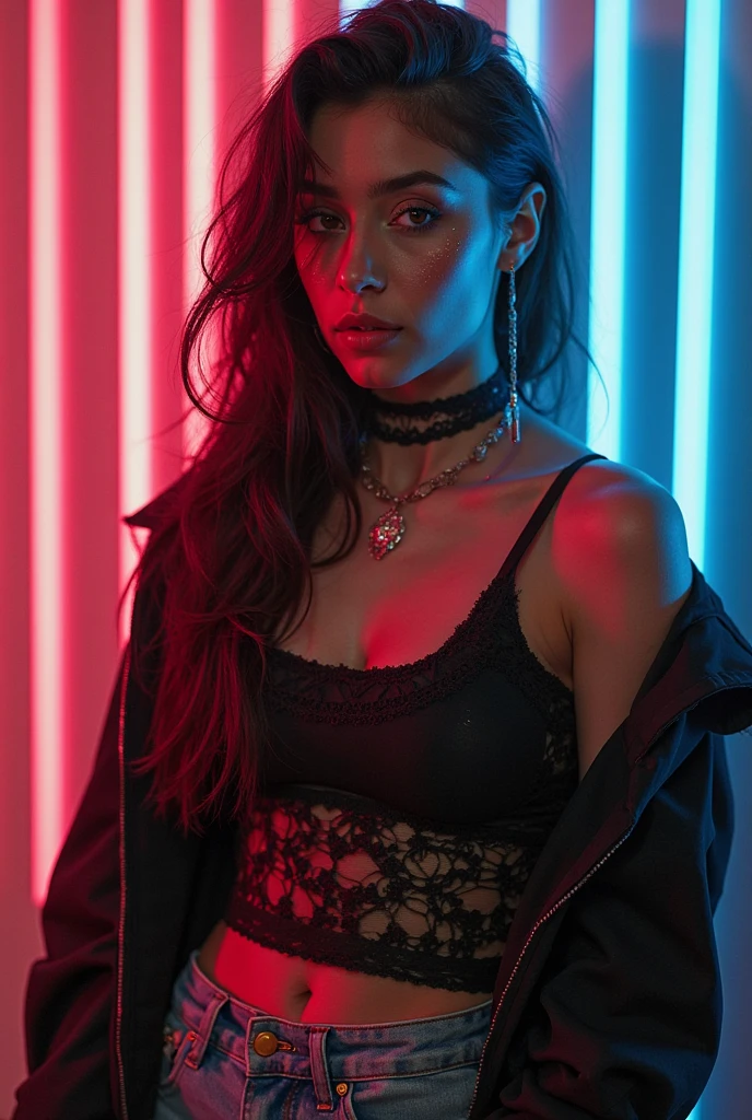 "bold 80s fashion portrait, neon color background, oversized jacket, v necline, cleavage, heavy makeup, punk rock vibe, uncropped, detailed face. ultrarealistic

