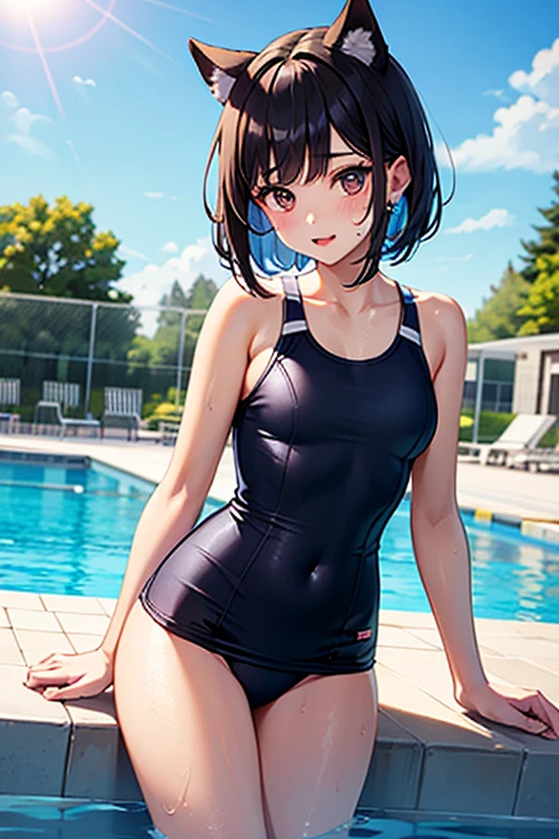 solo girl, school swimsuit, black bob hair,