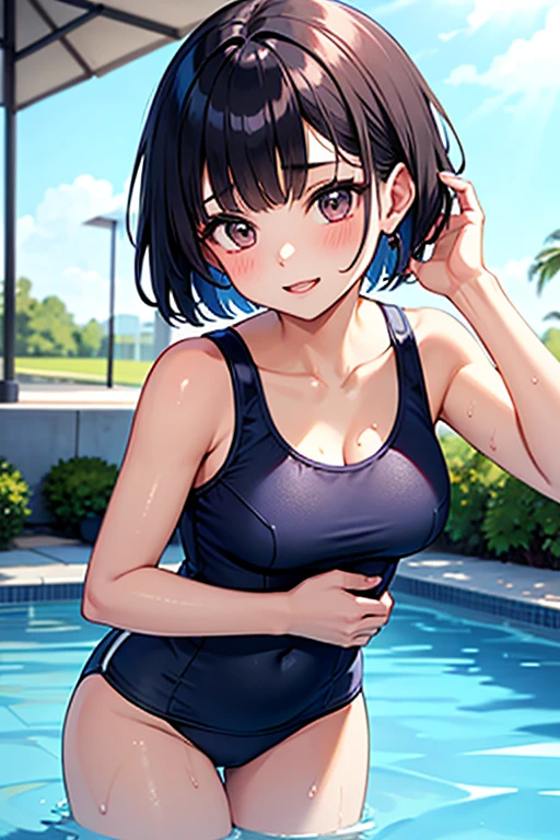 (masterpiece), best quality, (16k), expressive eyes, perfect face, BREAK, office lady, 1 girl, solo, large breast, navel, BREAK, ((pink strapless tube top swimsuit)), ((wet pink blue solid pencil mini skirt)), BREAK, bare arms, bare legs, shiny skin, wet body, BREAK, black hair, very short hair, wet hair, black eyes, BREAK, outdoors, in the pool, wading, night sky, standing, sad, :o, (cowboy shot), (from front), BREAK,