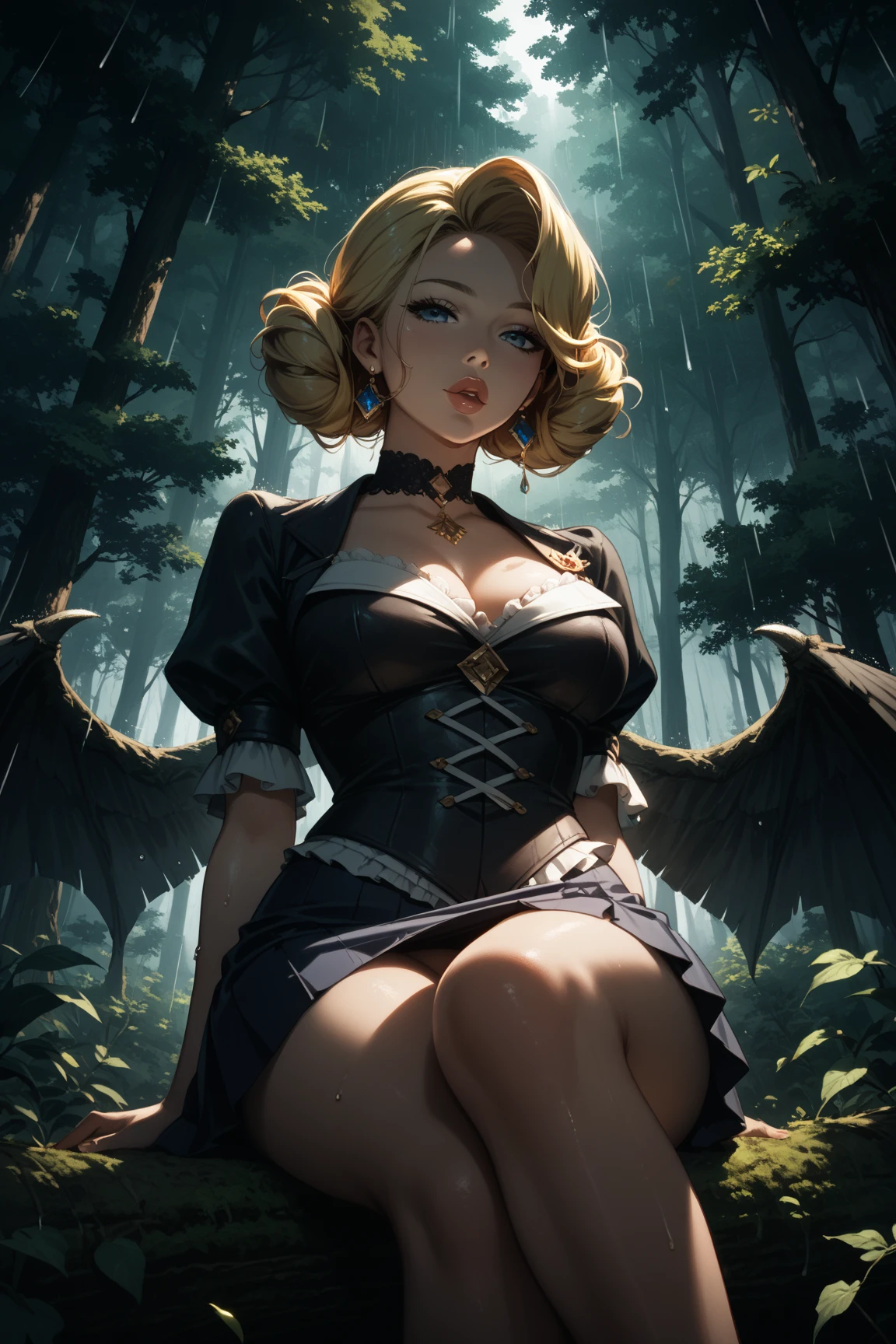 anatomically correct, best quality, masterpiece, high quality, high details, highres, HD, (shaded face:1.2), hollow eyes, black eyes, looking at viewer, expressionless, lips, black hair, long hair, sweating, wet, breasts, 1girl, tattoo, solo, yellow_eyes, lace, underwear, blonde_hair, cleavage, thighhighs, large_breasts, lace-trimmed_legwear, necklace, panties, jewelry, hat, black_legwear, garter_belt, looking_at_viewer, garter_straps, signature, lingerie, tongue