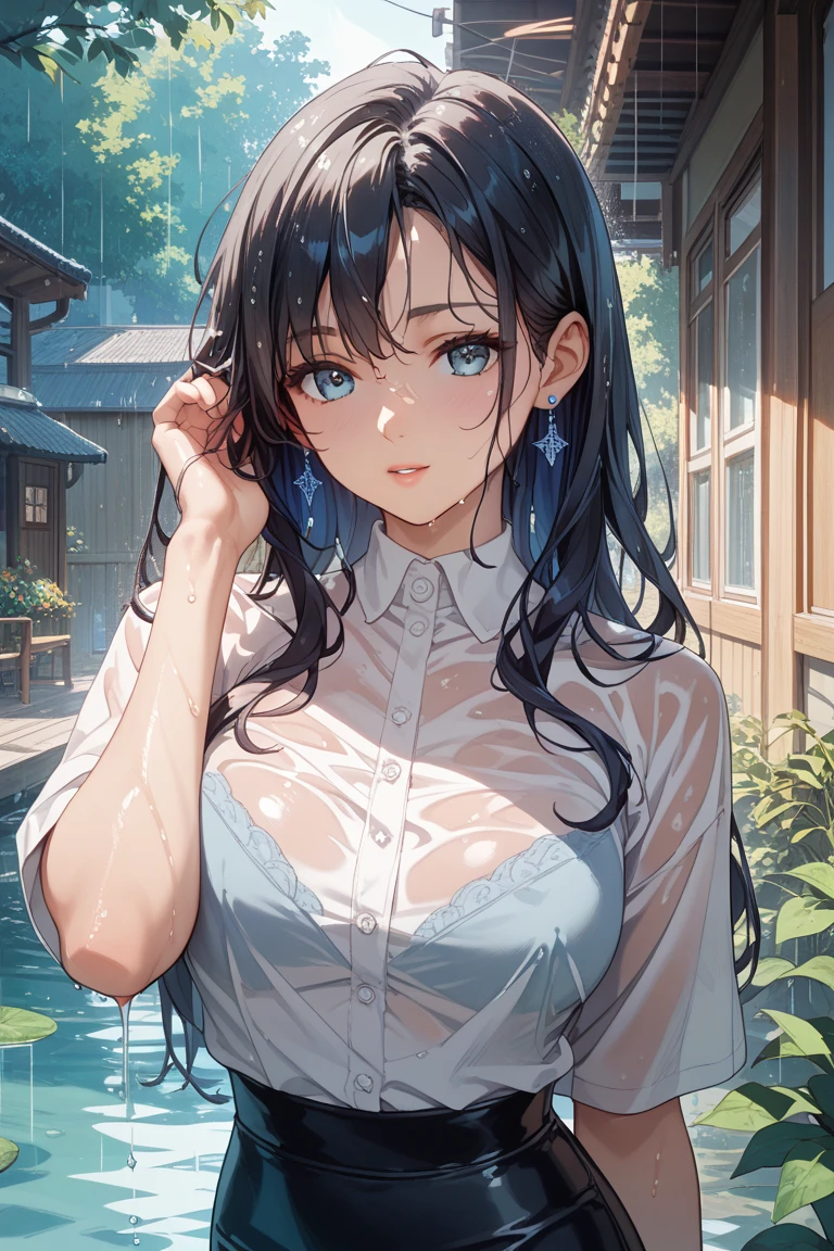 ((Biologically correct limb count))、((whole body including face))、4K、Masterpiece、((Focus on the face))、((Symmetrical, well-proportioned facial features))、Eyes with delicate depictions、(((1 person)))、Beautiful woman、Outstanding style、Slender Body、((Long flared skirt、shirt、(High heels)))、(Embarrassed look）、(Close-up photo of the upper body）、High angle、Photo with white border、Standing on the surface of a misty lake、