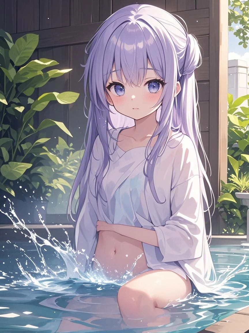 extremely delicate and beautiful, depth of field,amazing,masterpiece,growth,visual impact, ultra-detailed, highly, Amazing finely detail, onsen, towel, soaking_feet, naked_towel, 1girl, water, long_hair, fence, stone_floor, solo, bucket, wooden_bucket, steam, scrunchie, partially_submerged, rock, stone, sitting, bath, ripples, collarbone, blush, stone_wall, brick_wall, bangs, breasts, red_scrunchie, bathing, purple_eyes, very_long_hair, rubber_duck, lantern, tray, brick, nude_cover, looking_at_viewer, closed_mouth, smile, brick_floor, towel_on_head, bush, (fine and beautiful detailed skin:1.2),(shiny:1.3),(Oil highlights:1.4)[wet with oil:0.6],(shiny skin:1.4), gorgeous,fantasism,nature,refined rendering,original,contour deepening,high-key and low-variance brightness scale,soft light,light and dark interlaced