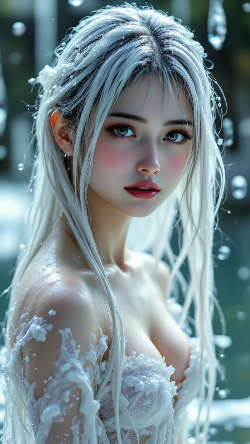 (whole body:1.3)(extremely intricate:1.3), (photorealistic:1.4), hyper-detailed wet sheer outfit, (sensual pose), (lewd face), sexy lips, waifu, oppai, beautiful, cute, pretty, perfectly proportion body, perfect framing, sharp gray eyes, supermodel face, detailed face, pale white skin, [[freckles skin]], (((white wavy hair))), cover art, moody,  zoom out, depth of field, art station, (luminism), (((cinematic lighting))), orange and teal, soft light, [summer weather: sunset weather:2.5] 4k resolution, octane render,
