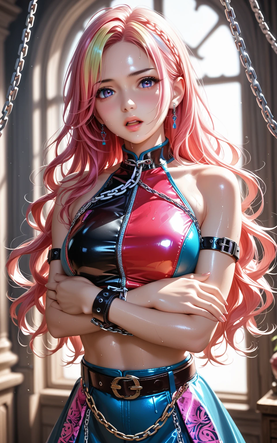 ((1 girl, long and messy pink hair, blue colored eyes, Woman, (((face flushed and very horny))) , standing on all fours , (wide leather choker) muscular female, gold bracelets, ruby earrings)), fitness, ((standing alone)), (red lipgloss stick), extremely detaild, soft ambient lighting, 4K, perfects eyes, a perfect face, ((very detailed hands and arms)) (perfect lighting),View from behind ((metalhead Woman)), Punk Girl, (((piercing))) tears in the eyes ((pink micro blouse with chains and sensual neckline)), 18-years old (((well-defined medium breasts))) strapless latex micro baby doll, pretentious smile, ((shapely and well-defined legs)) mine Transparent black leather jacket open with points and long sleeves with the shoulders showing, open tummy, latex micro panties with chain straps marking her small pussy swollen with lust, well designed and well defined, suspender style chain belt, high qualiy, 4K, High definition, bom detalhe, ((sexy tattoo)) ((medium bust,)) extremely sexy (((medium glossy lips))) long black transparent socks (fully body) ( fiel ao prompt)  rear focus, Back, bent forward with hands on the floor, Looking back,