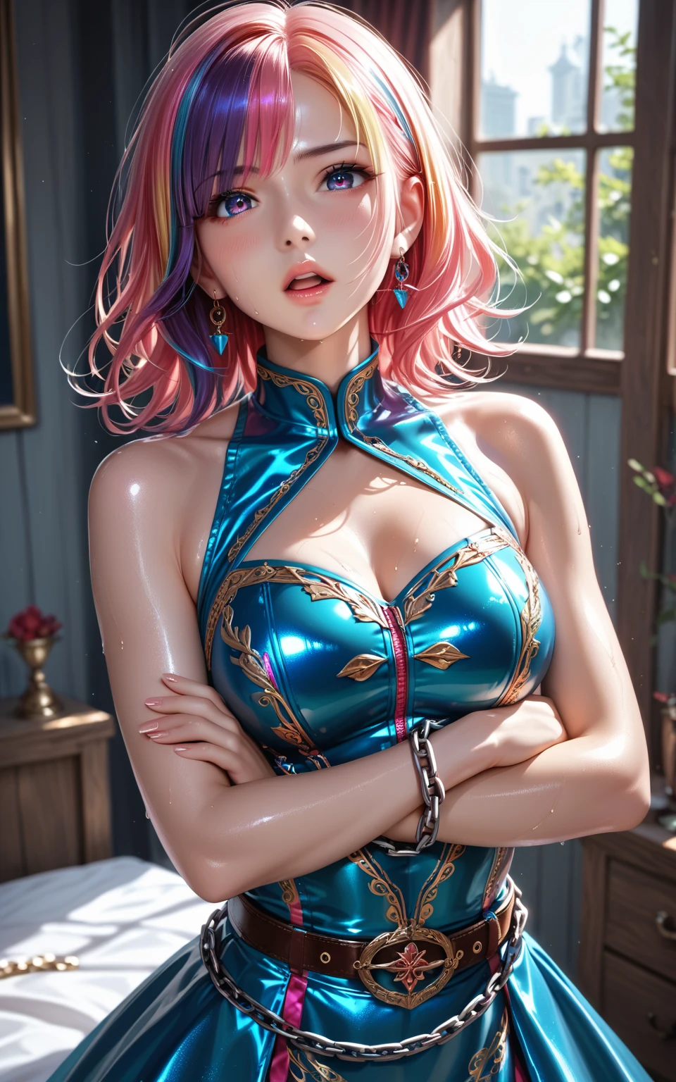 (ultra realistic,32k, masterpiece:1.2),(high detailed skin:1.1),( high quality:1.1),
1girl,pink hair, ponytail hair, bangs,(aqua eyes:0.8),<lora:sexy_short_china_dress:0.5>Light sky blue (ä½ åæ¬¢çé¢è²+short china dress), cleavage, cleavage cutout, bare shoulders, bare arms, (side slit), , <lora:add_detail:0.9>,(huge breast:0.9),(looking at viewer, sitting:1.1),,
,(glow in the dark:1.1), blank background