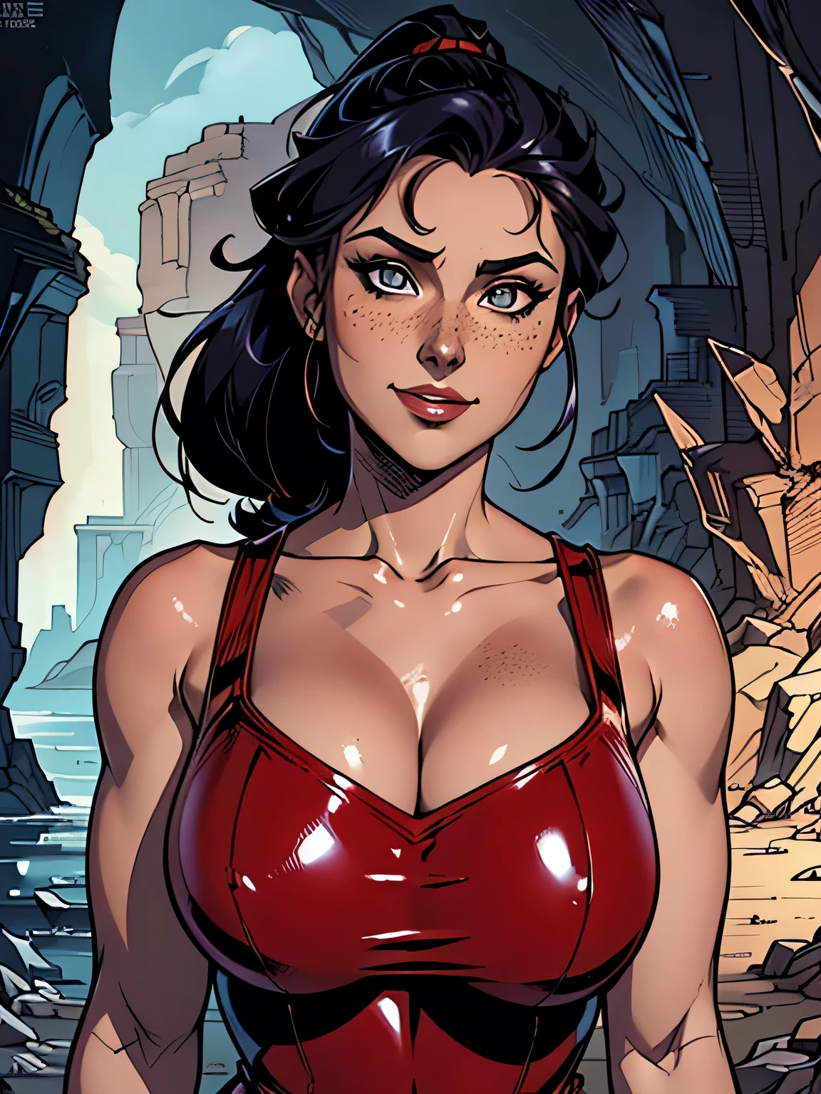 1 girl, solo, Ada Wong in Resident Evil 4 Remake, short detailed hair, brunette color hair, ,Huge ass,Big thick legs,full,Red cheongsam, Short-sleeved shirt, Black, nedium breasts, upper limbs, hindquarters, Black heels, Adriana's face, Find your audience, sly smile, A pistol was hung on her waist, best qualtiy, hight resolution:1.2, 18th century village in the background, Shadowing, Nightmare, rays of moonlight, Upper body photography, Low camera angle、depth of fields、center focused