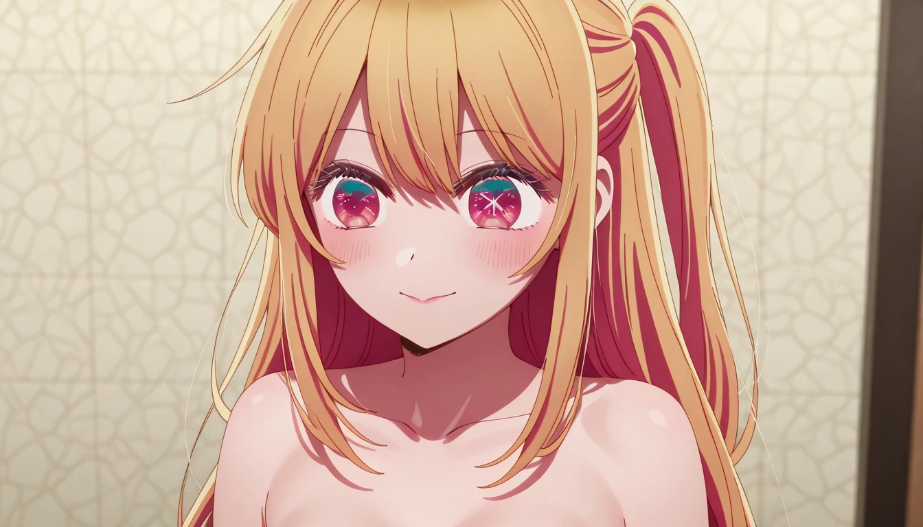 ((best quality)), ((masterpiece)), (detailed), perfect face. Asian girl. Blonde. Maroon eyes. Topless. Small breast. Smile.