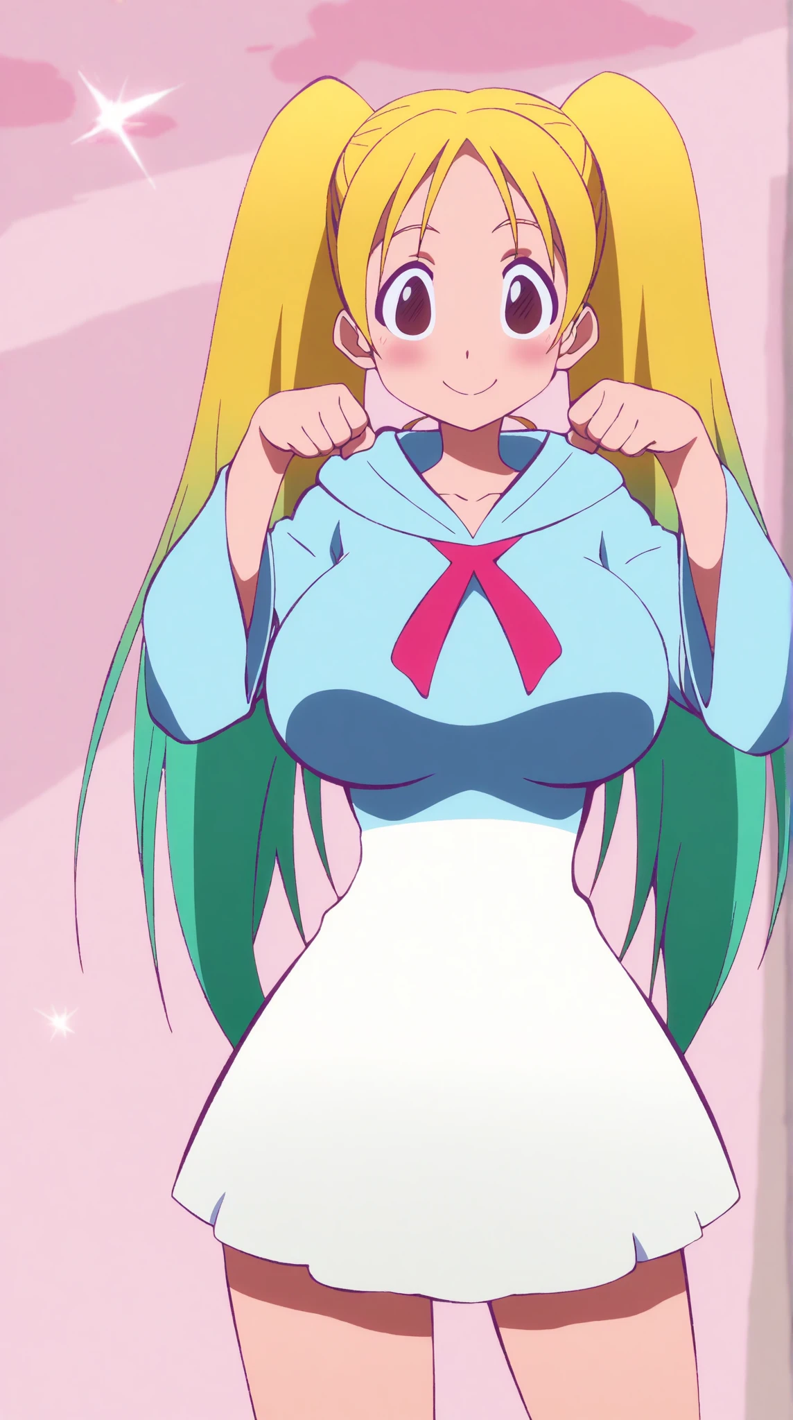 lillie \(pokemon\), masterpiece, best quality, large breasts, 1girl, solo, arrogant face, looking at viewer, front, big breasts, front, breast focus, cleavage, both hands on hips, evil smile