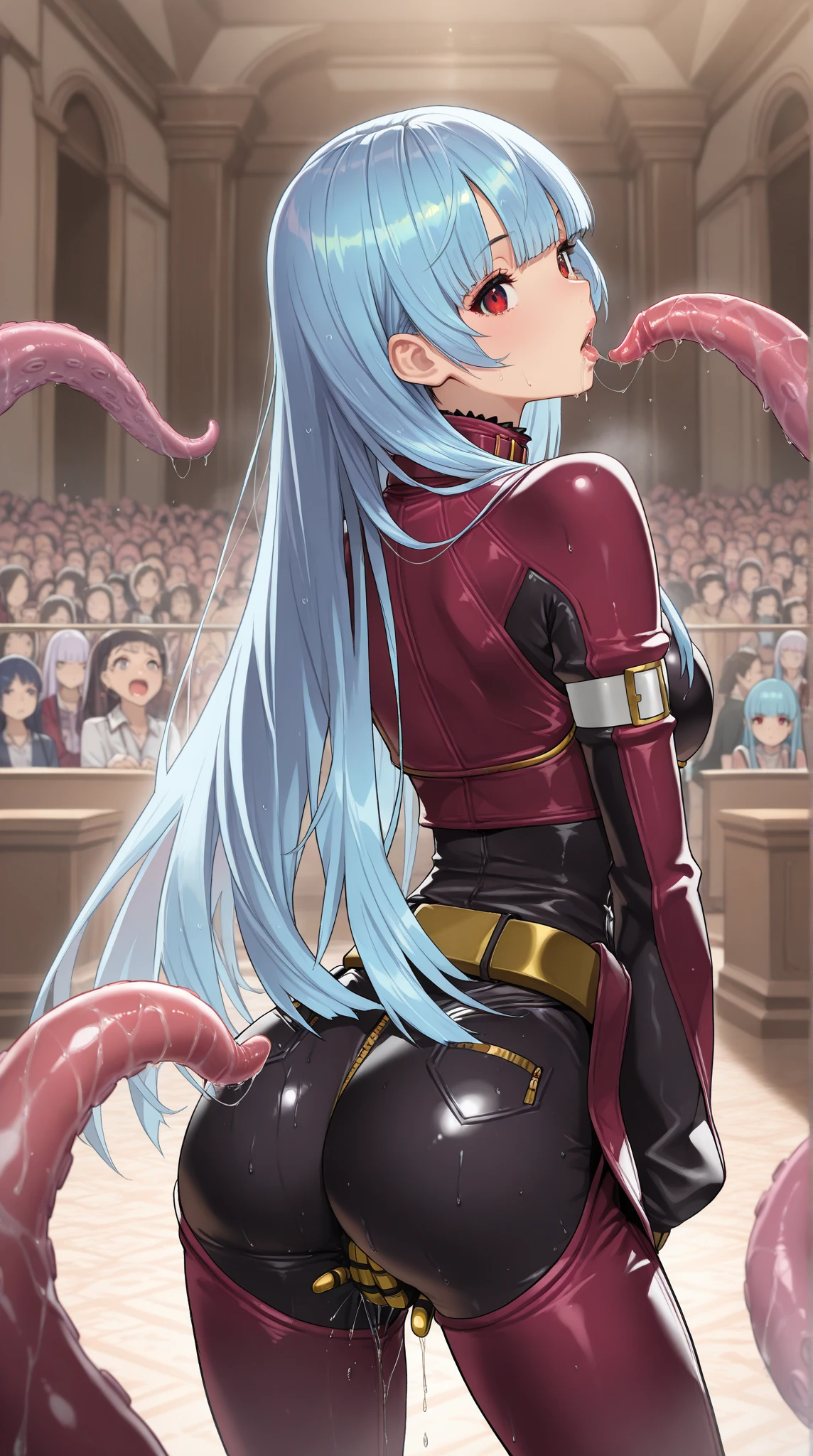 masterpiece,Highest quality, Unreal Engine, Super Resolution, Very detailed,
1 Girl, Waist, thin, (Muscular:0.8)
Round Breasts, Big Breasts, Bold,  Part your lips, Observe the audience,
Are standing, sexy pose
Waist shot,Tentacles entangled in chest,Spread your legs,
, Key Visual,
 Light blue hair, Red eyes, Long-haired monk \(dq3\)
,,Tabard Elbow Gloves((Spread your legs上げる:1.3)),(Cameltoe:1.5)、