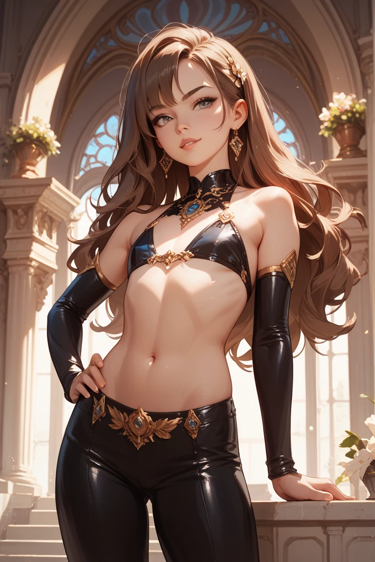 beautiful young female warrior fighter with cat ears on her head, com rosto bem detalhado e bonito, belos olhos, belos olhos, rosto lindo, beautiful young woman wearing long brown leggings with black details, sueter apertado branco, standing in a castle, usando bota preta, cabelo comprido com franja preto, ,orelhas de gato, belo sorriso, tomboy, um pouco musculosa,suter branco com cinta em volta, olhar serio,usando jaqueta de couro apertado preto, coxas grossas e longas pernas, coxas sexy grossas, botas pretas, botas, belas coxas