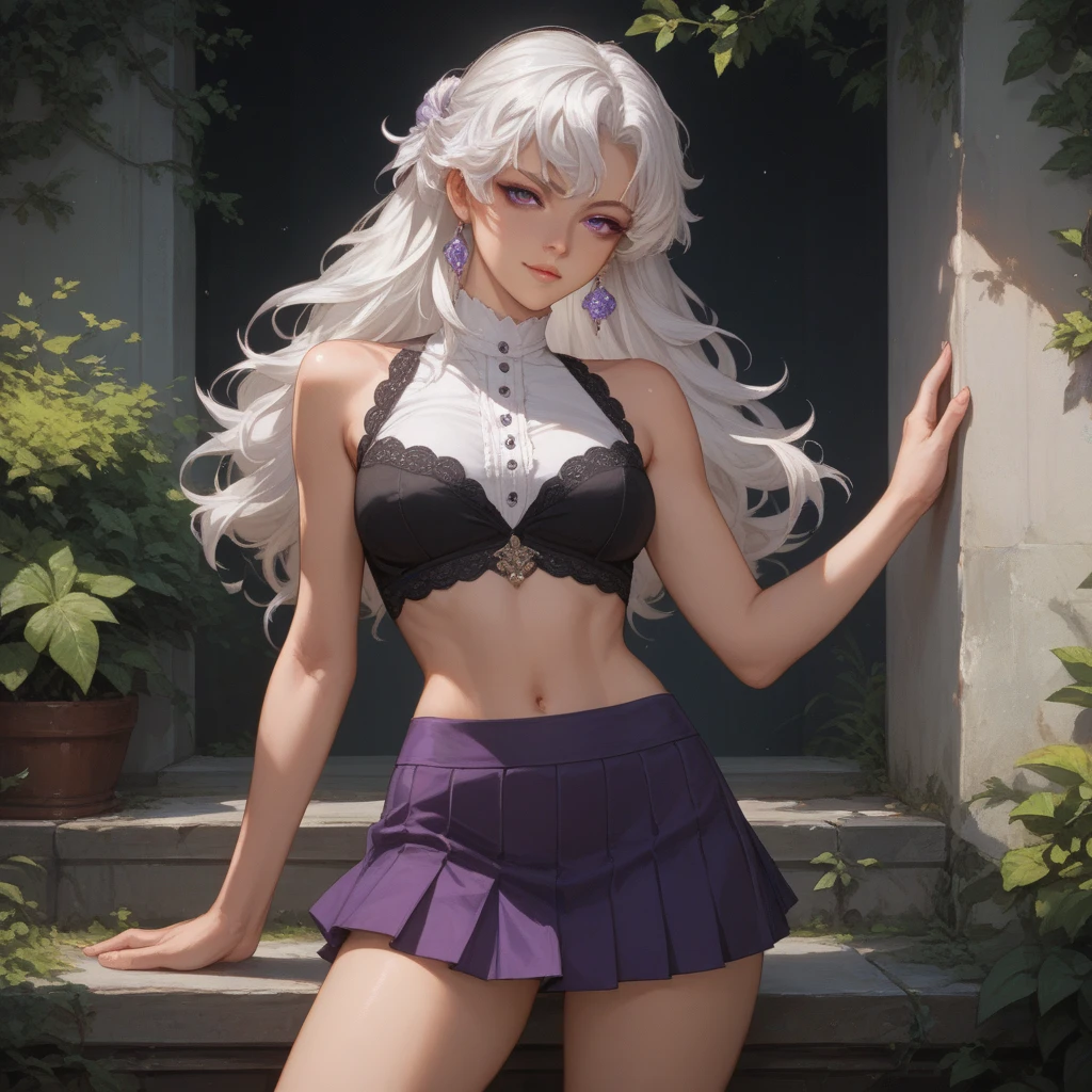 emilia, white hair, long hair, purple eye, navel, short skirt, cleavage, medium breast, slim legs, nervous, garden