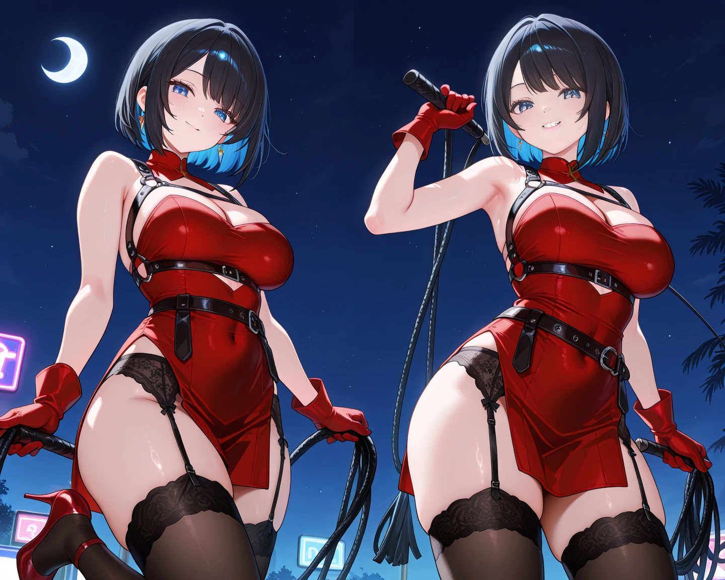 a beautiful realistic anime woman in a corset holding a rose in her hand holding in her free hand, view of 1 girl, symmetrical face, alone, realistic long dark brown hair, firm breasts, blue expressive eyes, gloves, looking at the viewer, random sexy pose, corset ,(all realistic intricate details), front side lighting, in an all black background with the girl on the right side