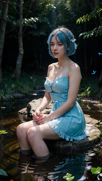  light blue hair, cake strip, Cute green eyes, Beautiful Mouth, 1,60, medium chest, sitting on a large chair in a courtyard 