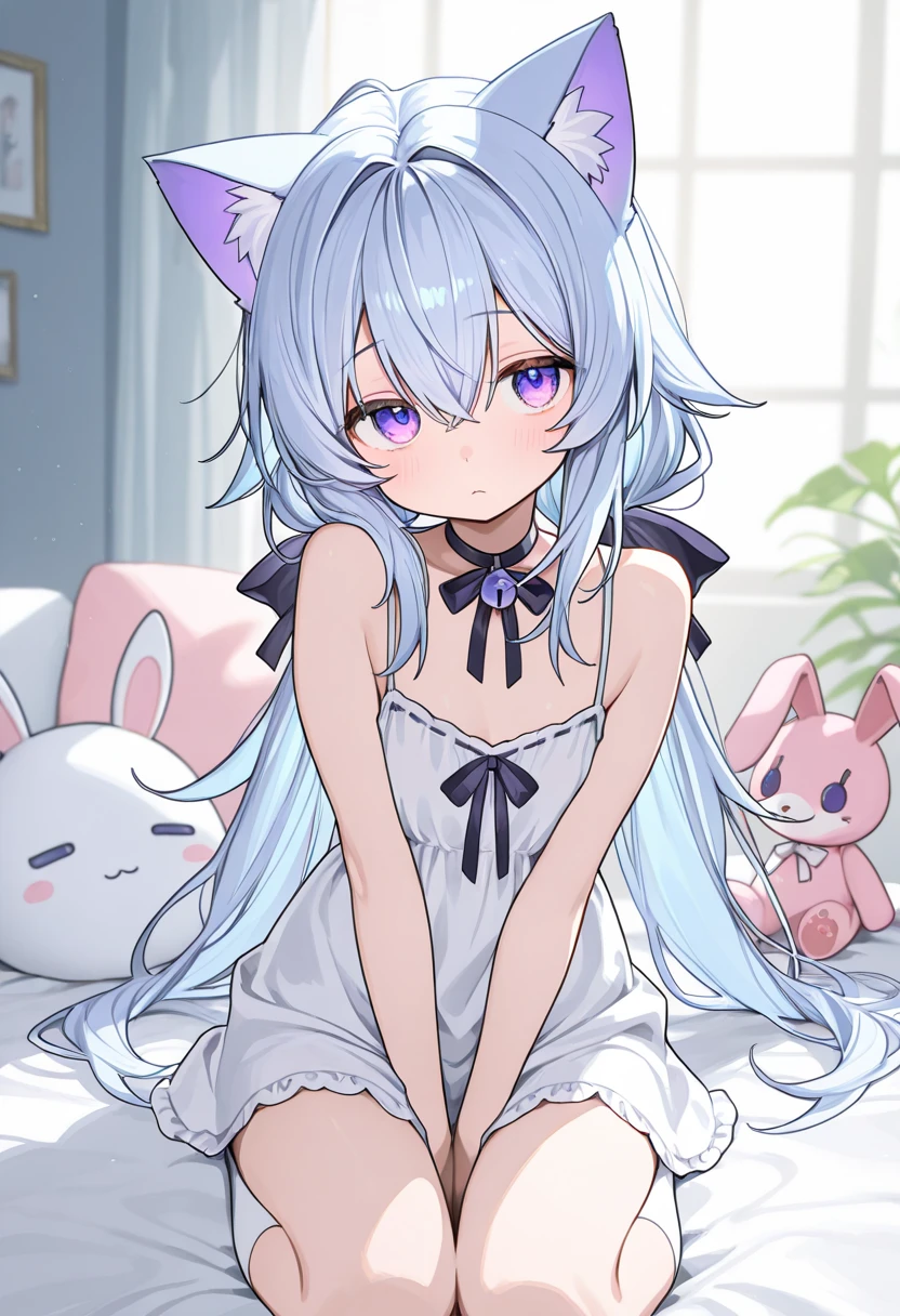 Lingluo doll。(best quality,8k,masterpiece,masterpiece:1.2),Full body portrait。(颗粒状shining眼睛,Bright shining eyes,intricate irises,Delicate lashes,Detailed eyeliner strokes:1.1)。pajamas(elegant,shining,shawl:1.1)Double tail,dual hair color,Half purple,Half black,Blue Hair,Pink Eyes,Pearl clasp,gauze,chiffon,Extra long hair。(charming,Shy,gender,young,astringent:1.2)这 astringent lolitA。Fox ears and short tail。Cool miniskirt,Leg ring,scarf,bow tie,Lace,Showing a small part of the shoulders,Lace 从侧面,。Lolita。Clear eyes,Ultra Detailed,Watercolor style,fairy tale主题,color palettes,Exquisite facial features,(DetAiled left eye closed,The delicate iris of the right eye:1.2)。(A cute Loli wearing l(可爱的Lace:1.1)拥have美丽精致的眼睛和甜美的微笑,(colorful)Playfully peeking under skirts,(Comfortable and well-lit bedroom)Comfortable bed。The room is full(柔和的自然Light),It creates a warm and inviting atmosphere。强调萝莉的astringent。Add a touch of sexiness to the scene。(bedroom)具have(Girly and elegant)aesthetics,have(muted pastels)and exquisite decoration。(side view)Angle allows us to appreciate Loli'Cute and innocent expression's face,还have她在床上的可爱姿势, fairy tale,Light,Fighting Spirit Awakening Series Skin Color。NSFW