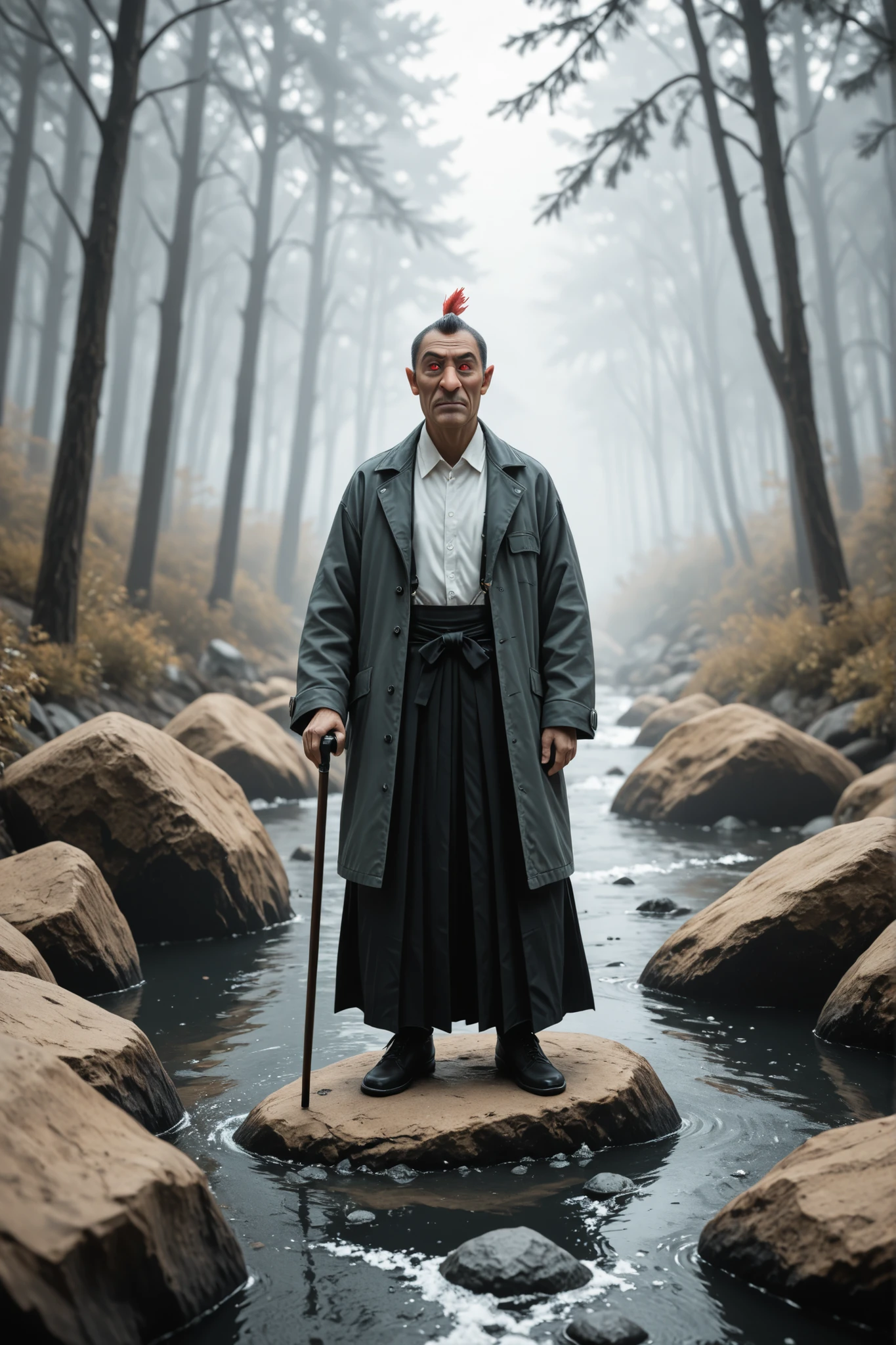 Hans Rüdy Giger Art Style, Tengu Standing in Rock,Red Face,Long Nose,expression representing dignity, Wearing a Black and White Hakama,draw a coat,(feather )with a cane,Hygeta,Misty forest background,Characterized by a Modern Arrangement, scattered juice ,Soft Tones with an Overall Blue Gray and Green Base,Using White or Light Blue as Fog,create a tastic atmosphere,gold and vermilion decoration, Contemporary Art Collage ,Collage Art work, New Album Jacket,great job!!, digital collage ,Collage Art , contemporary collage,Mixed Media Collage , High Definition , surreal style in Las Vegas ,asymmetry,Visualizing the Inner World of a Crazy Mind,in detail down to the smallest detail, Hidden Details , Radical Japanese Anime ,Anime Ukiyo-e Style