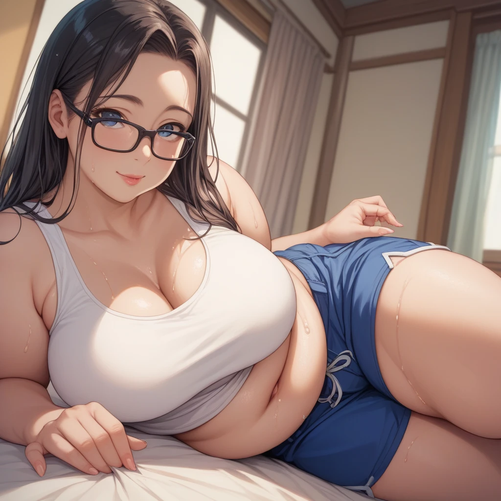 Korean sexy girl, (38 years old), in the massage shop, glasses, satisfied expression, (from above view), (masterpiece, best quality, extremely detailed, hyper realistic) 