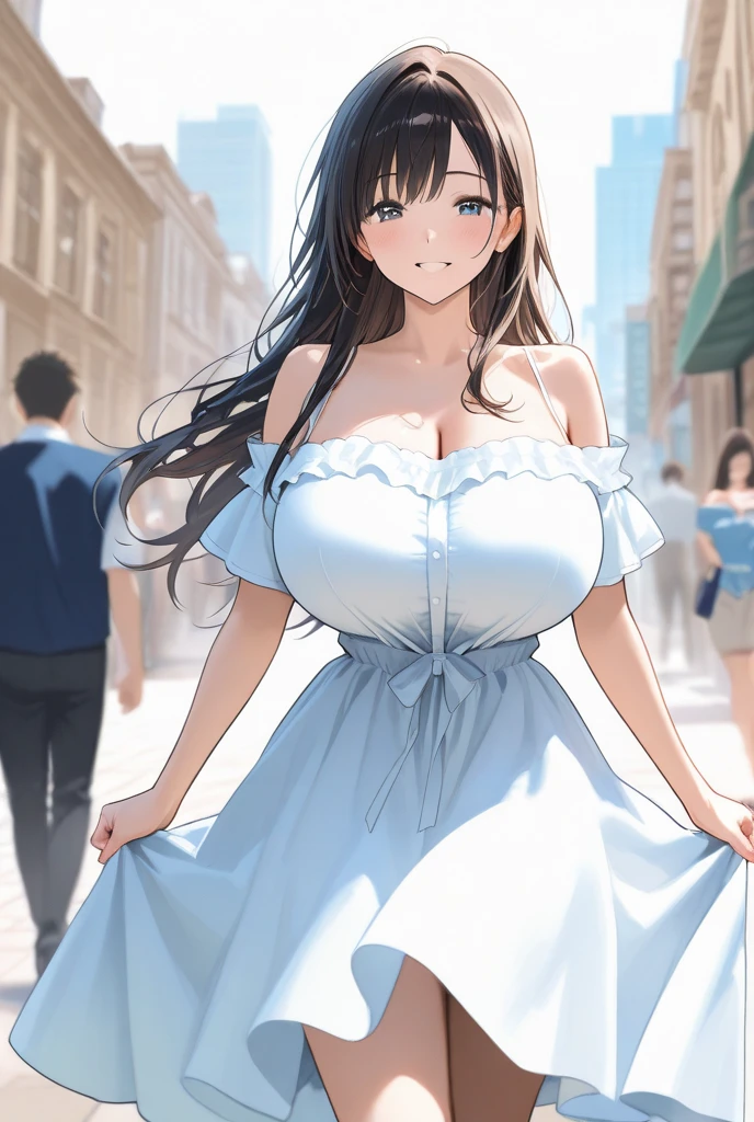 Amazing Chitanda, There is only one beautiful girl，Purple Eyes, Black Hair, Very red face，Very white skin，Glowing skin，Skin as delicate as porcelain，Naturally straight hair, Straight bangs，Extremely refined，Open lips，Long flowing hair，Beautiful Girl, Like a dream，Slim，Slim waist，Soft, (Sensual), (Kawaii), Dream quality，Beautiful big breasts，Half of the areola is exposed，Wearing dark school uniform，Deep V neckline，Loose neckline，Wide neckline，on the street，Carrying a shopping bag，no pants，Bare shoulders，Bare neck，Exposed collarbone，Exposing breasts，Exposing breasts侧面，Show your waist，Show your buttocks，Show your thighs，Exposing the groin，No pants，extremely shy，Ultra-high resolution, (masterpiece:1.2, best quality), (Delicate and beautiful eyes: 1.2), (Beautiful and delicate face)