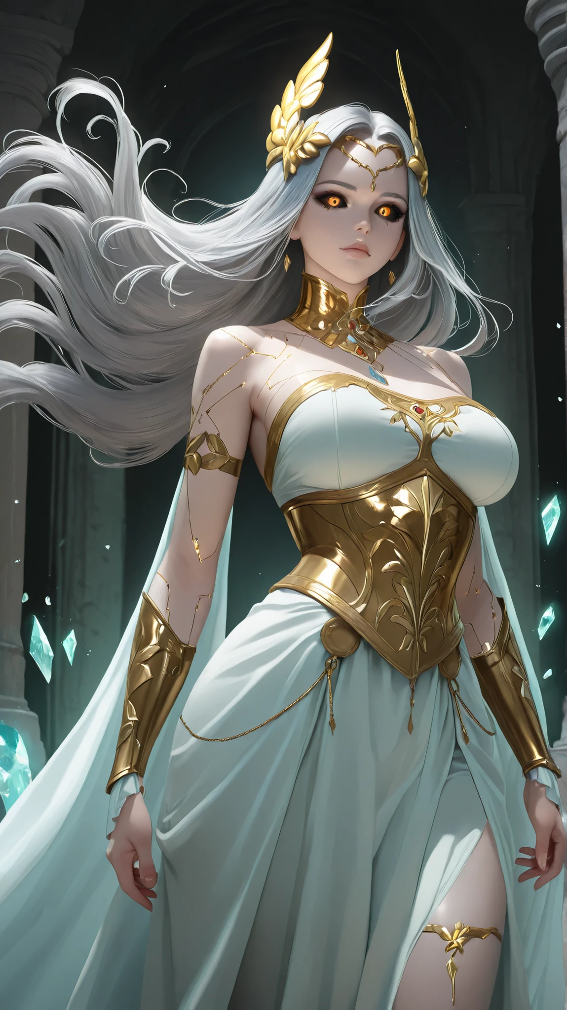 Mature girl,A blushing expression,White long hair,Super big breasts,whole body,iOS Depth Scene,Fantasy Background,Vaginal seam