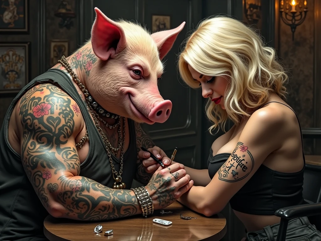 A muscular, paunchy,  anthropomorphic pig tattoo artist, covered in tribal tattoos and full-body piercings, meticulously inking "Porky Love" onto a bleach-blond female client's arm in a romanticly lit, obscure parlor. The female client is curvaceous and has a bleach-blond short wavy bob. The scene is intimate.