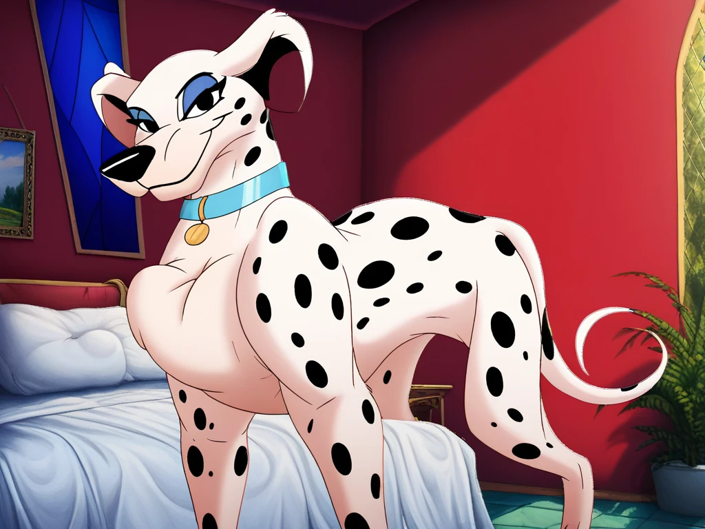 penelope, unclothed,<lora:penelopePussycat_1:0.7>,[photorealistic], digitigrade, masterpiece, best quality, background is a bedroom, detailed background, detailed face, detailed eyes, detailed fluffy fur, featureless breasts, tuft, tail