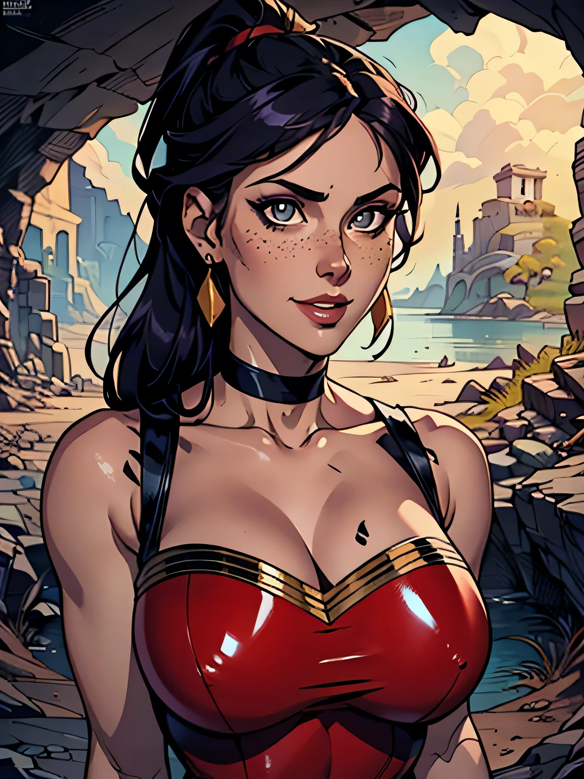 masterpiece, best quality, aphrodite, nude, laurel crown, hair over breasts, hair ornament, armlet, bracer, bracelet, portrait, upper body, smile, serene expression, greek architecture, marble pillars, garden, sunset, (dark skin:0.8), from side <lora:aphrodite-nvwls-v2-000012:0.9>