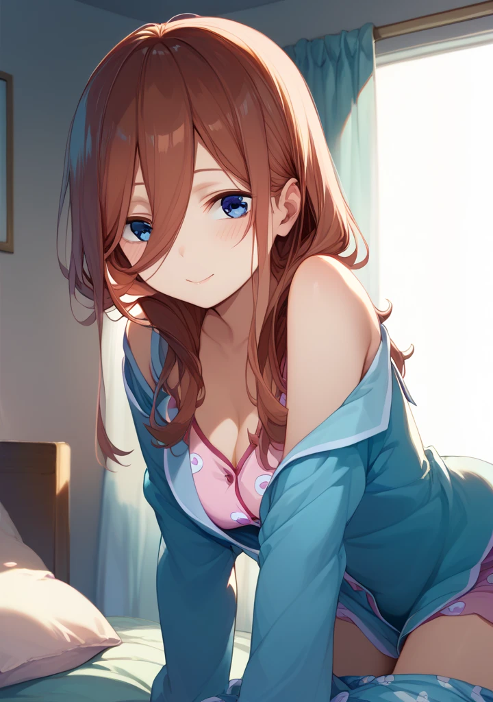 Miku Nakano,(A white border around a red rectangular background:2.5),whitesweater,Sitting down, D-cups,ahegao face,Back view,High detail,Moles under eyes, Heart-shaped pupils,Love pupils,cropped shoulders,Lots of hearts,Fleshy thighs,highly rendered,detailed face with