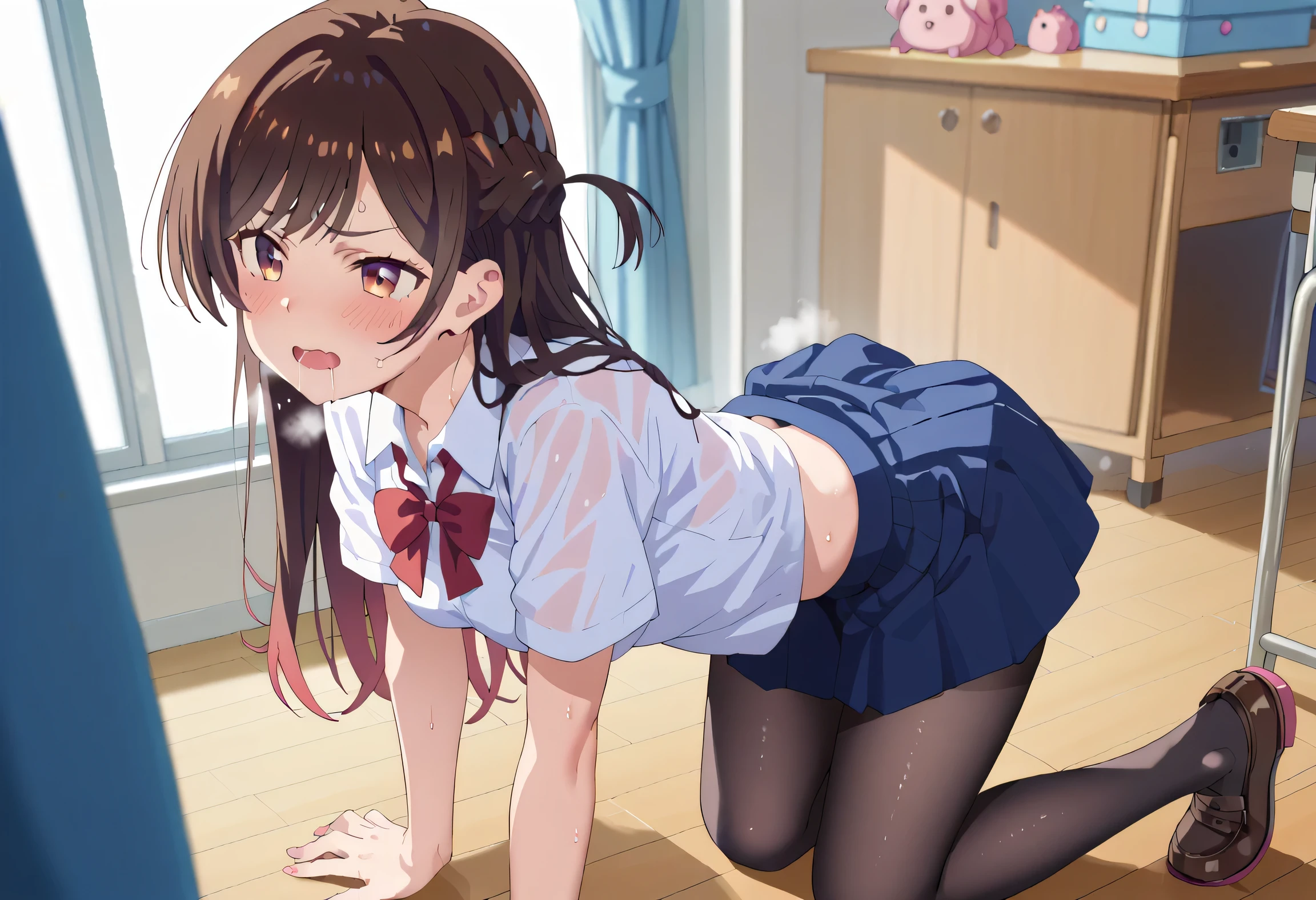 Masterpiece, Monika (Doki Doki Literature Club), giantess, looming over tiny guy, indoors, school uniform, glaring, smirk, intimidating, dominant, femdom, looking down on tiny guy, sitting on tiny guy, perspective of the tiny guy, sticking hand down her panties