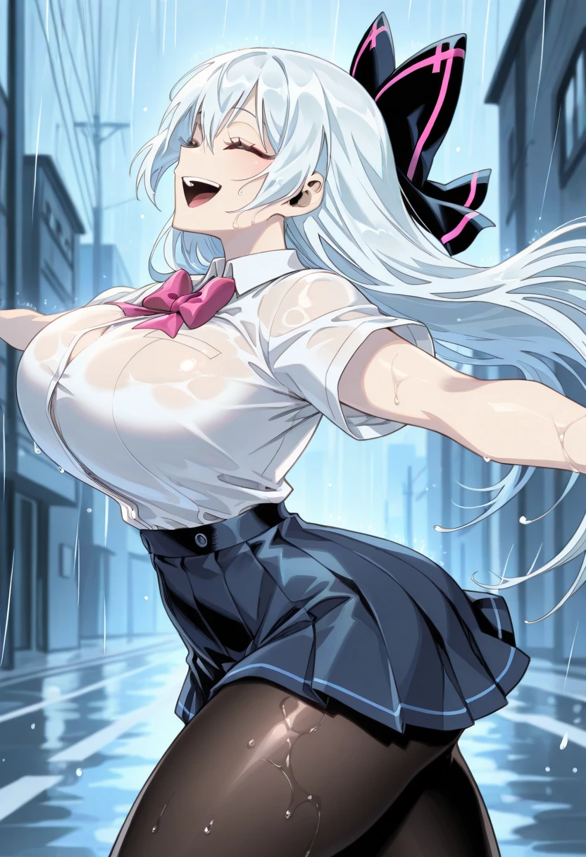 Masterpiece, source_anime, top-quality, perfect anatomically, correct , sharp focus, 4K, 8K, anime girl, 2.5D, perfect light, cinematic shadows, highres, beautiful face girl, ultra detail, correct details, perfect details, 1girl, solo, Tokarev(Girls Frontline), bright skin, white hair, long hair, smooth hair, straight hair, bangs, red eyes, eyes detailed, eyelashes, curvy, highres, tall:1.3,  body figure, :1.2, thick , thick , thick thighs, school uniform, white shirt, short sleeves, short skirt, pleated skirt, dark blue skirt, black tights,  eyes,  smile, blushing, looking at viewer, standing, lean forward, left hand on knee, right hand on hair, front view, close up, upper body, cowboy shot, raining, rain atmosphere, gloomy atmosphere, outdoor, street, wet skin, wet body, water drops details, glossy skin, skin details, dynamic pose, safe for work, Zunta Style