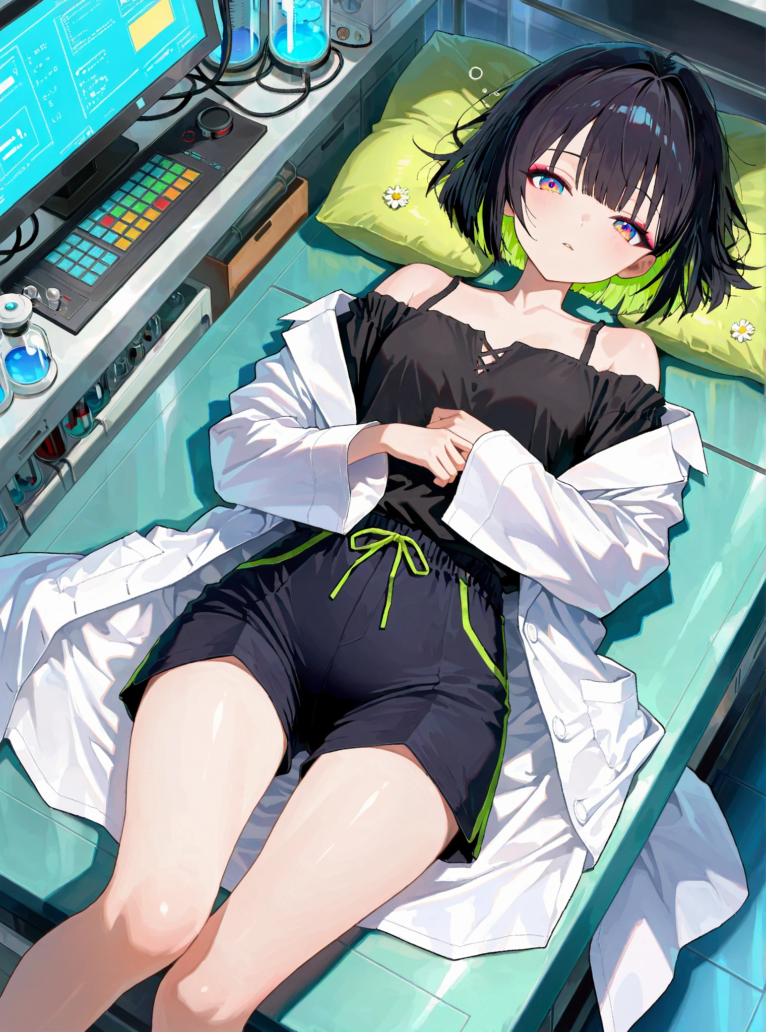 (masterpiece, high quality,shiny skin:1.4) ,vivid color, high contrast,1 boy, short hair,black hair, green eyes,BREAK life support machine,lying on hospital bed,lying, hospital gown,bandages,monitor,thermometer,blanket,cable,on bed, unconscious, sleeping at hospital bed
