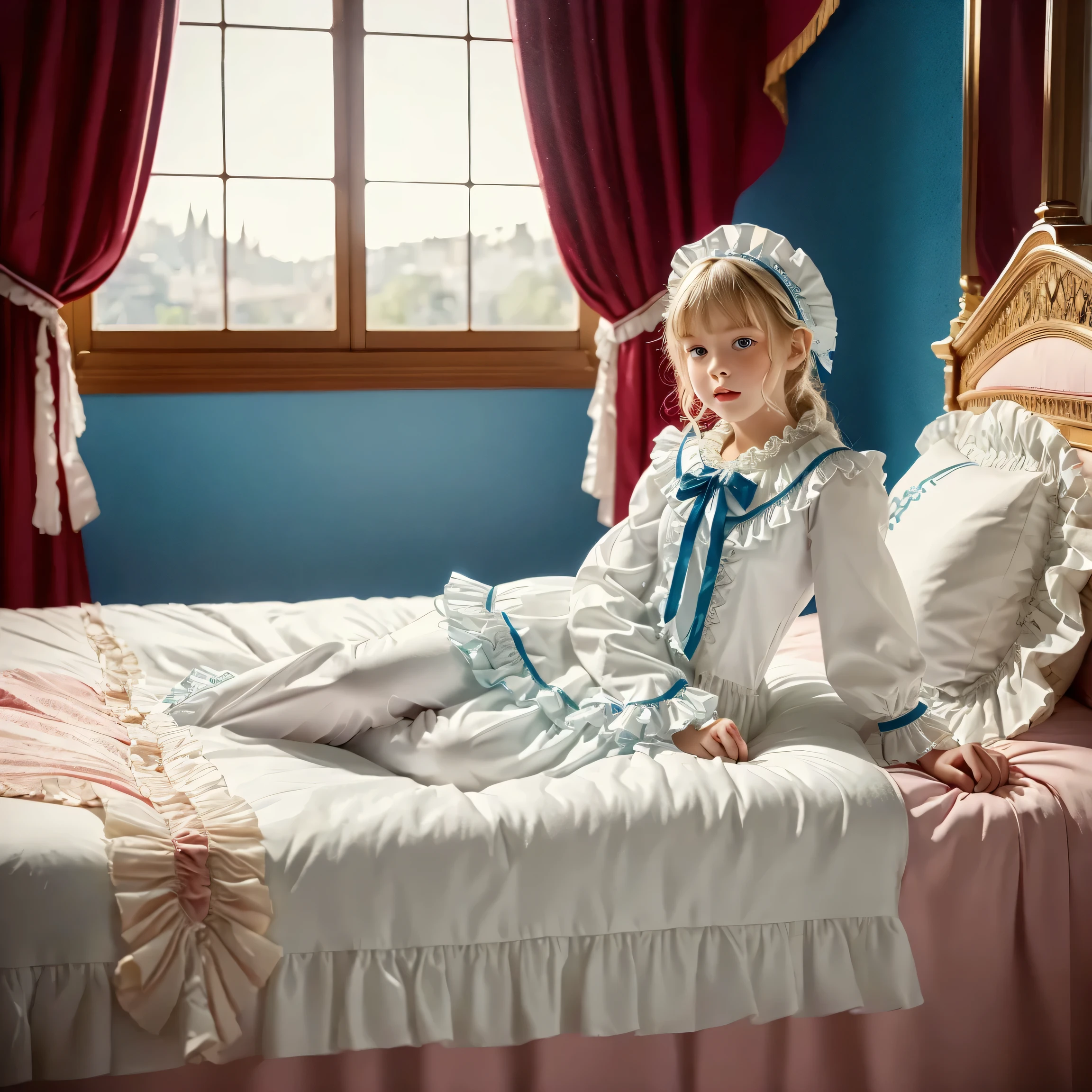 highest quality, masterpiece, highest resolution, artwork, super get used to it, many become familiar with, become familiar with, get used to it,change,,little girl, before bedtime,((twelve years old)),european,((blonde very longhair:1.0)),(((white nightgown with lot of frills and ribbons,1920 style victorian nightgowns:1.2))),((frilled Nightcap with ribbon)),((detailed Yoke collar with ruffles and ribbons,detailed ruffed placket:1.0)),((Long sleeves,puff sleeves with ribbons,frilled sleeves)),((frilled Long skirt up to the ankle:1.0)),((The whole body is reflected)),(inside the palace),(in the bedroom at night),Detailed Night view and moon in the window,Before bedtime,White ruffled socks,luxurious canopy bed behind,((ultra detailed background)),