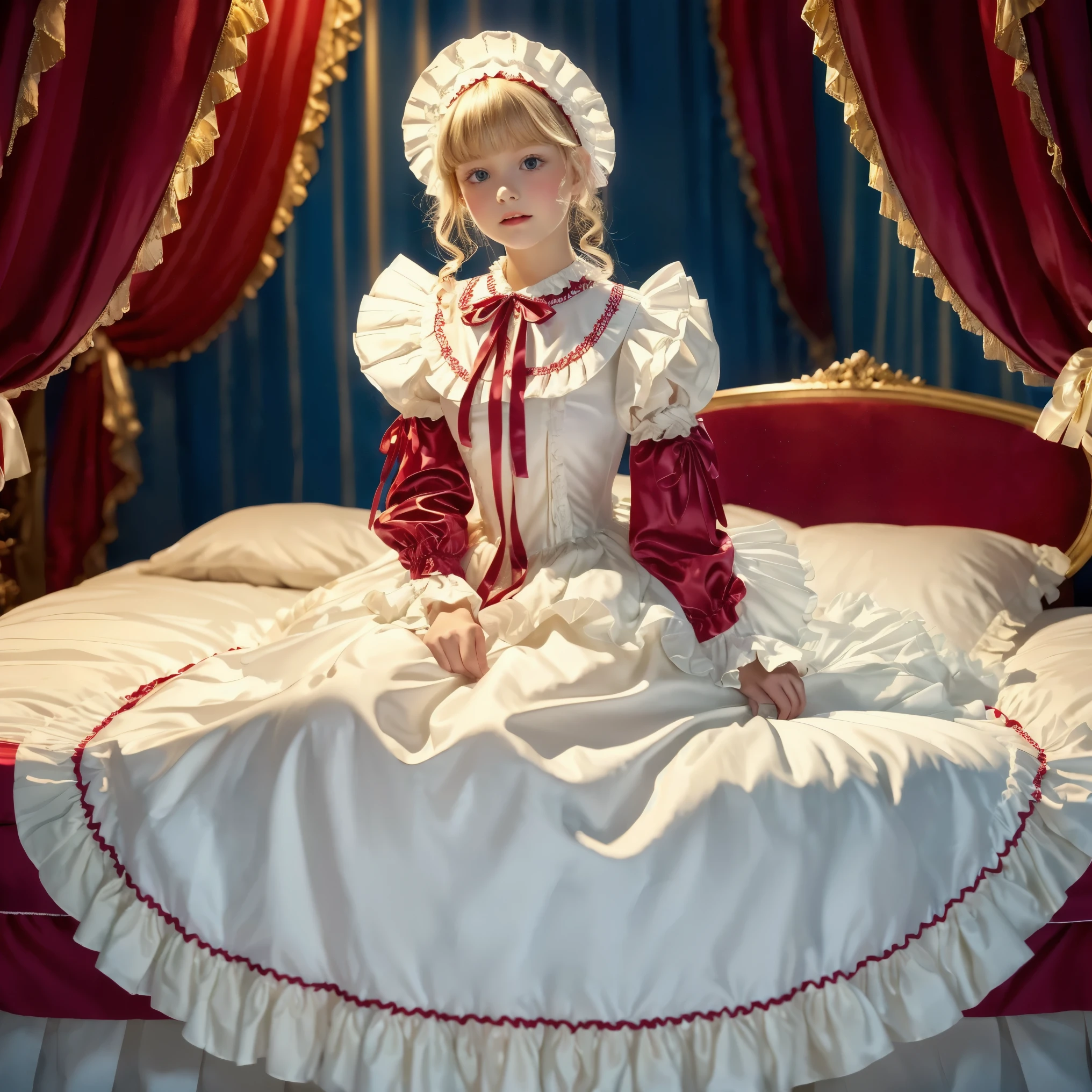 highest quality, masterpiece, highest resolution, artwork, super get used to it, many become familiar with, become familiar with, get used to it,change,,little girl, before bedtime,((twelve years old)),european,((blonde very longhair:1.0)),(((white nightgown with lot of frills and ribbons,1920 style victorian nightgowns:1.2))),((frilled Nightcap with ribbon)),((detailed Yoke collar with ruffles and ribbons,detailed ruffed placket:1.0)),((Long sleeves,puff sleeves with ribbons,frilled sleeves)),((frilled Long skirt up to the ankle:1.0)),((The whole body is reflected)),(inside the palace),(in the bedroom at night),Detailed Night view and moon in the window,Before bedtime,White ruffled socks,luxurious canopy bed behind,((ultra detailed background)),