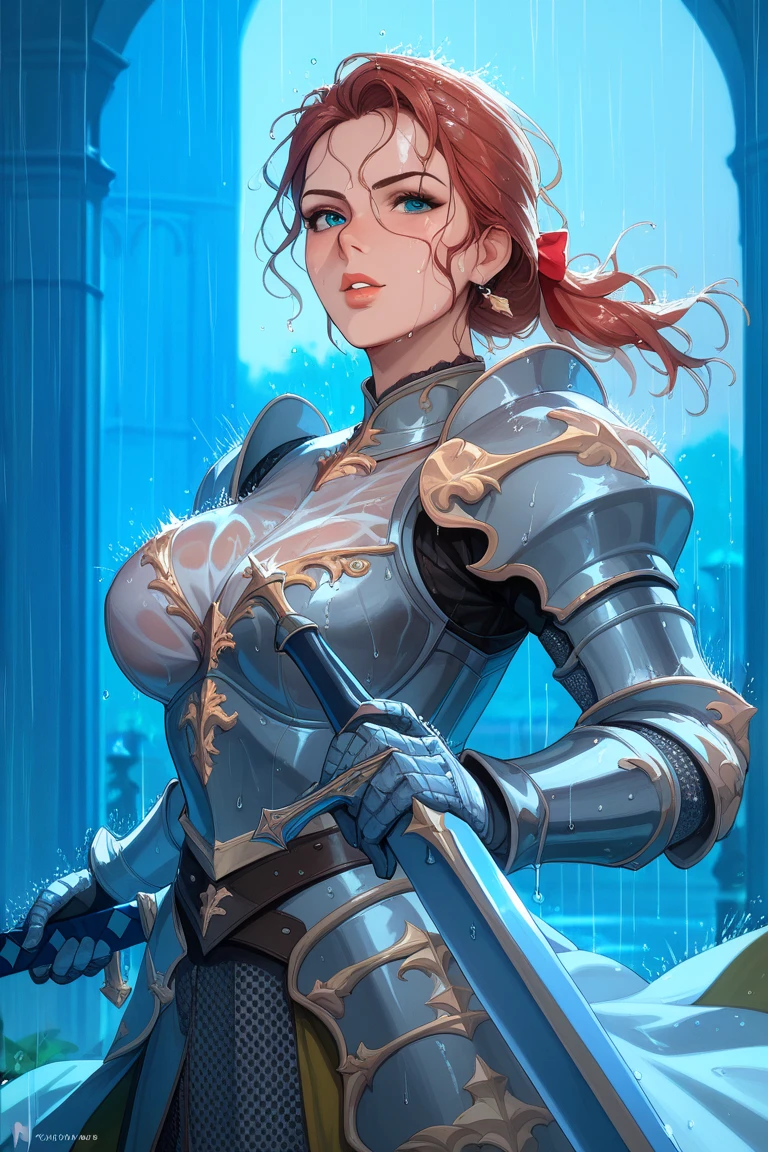 1girl, solo, masterpiece, best quality,cowboy shot, <lora:mature_female_Style_V2:1>,looking at viewer, large breasts, wide hips, long legs, pink lips, realistic:1.8,nature,darkness,fog:1.8, ponytail,armor, knight, holding sword, fantasy world,fantasy background,fantasy sky,black theme:1.5, grey theme:1.2, blurry background, blue eyes, shoulder armor,
