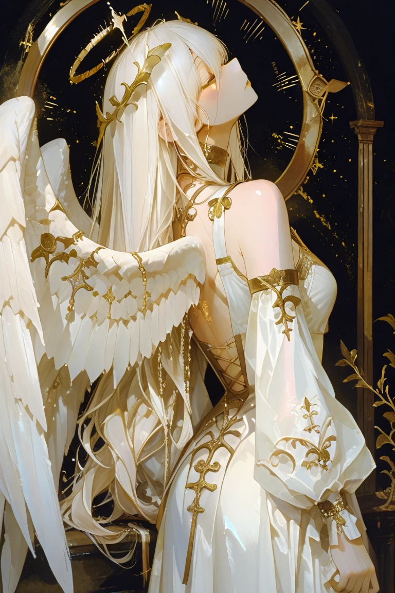 Designed by nty, 1 girl, (((8K, RAW photos, best quality, masterpiece: 1.4))), (((angelic woman))), ultra high resolution, Super detailed, light, Close-up cleavage, beautiful girl, red eyes, (delicate eyes, eyes are very bright:1.2), gray medium length hair, angelic, Pale complexion, Ear piercing, White clothes, Meticulous clothes, gold accessories on clothes, (perfect anatomy:1.2), High quality shadows, natural lighting, (White highlights:1.2), night, cloudy day, (angel wings:1.2), (starry sky:1.2)
