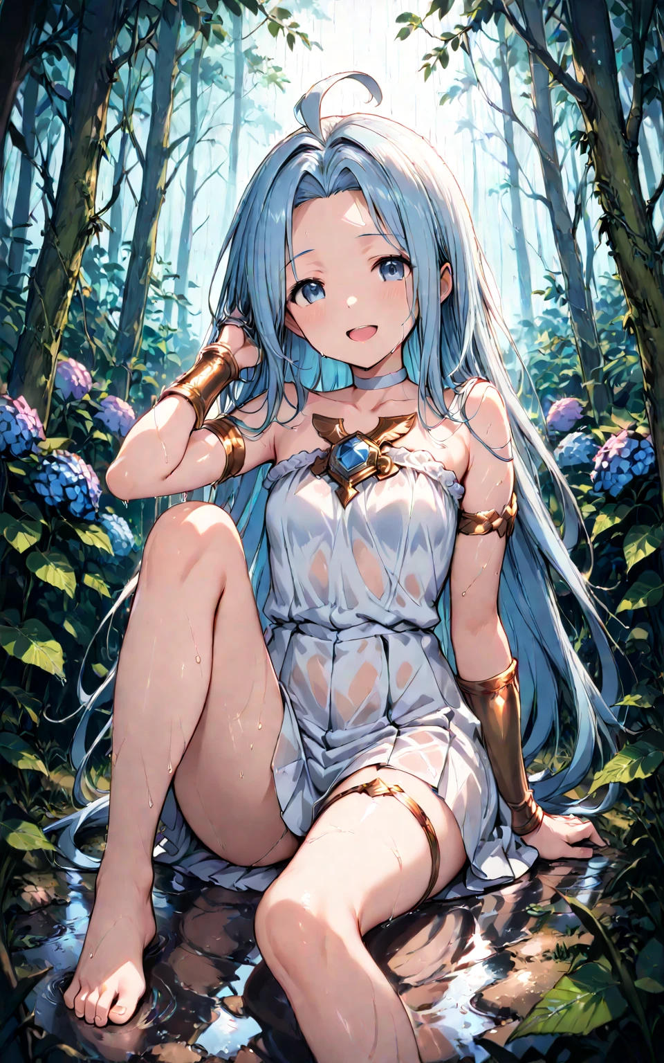 best quality, masterpiece, 1girl, solo, beautiful, perfect anatomy, young, mature, sexy, grassland, wearing sexy intricate white leotard, loose cloth, beautiful embroidery, beautiful smile, detailed face, nice body, nice proportions, fireflies, fantasy, long beautiful hair, rain, wet, ruins, ancient, moss, trees, foliage, mountains, vast landscape, anciet ruins, greek, roman, fantasy, out door lighting, clouds, blue sky