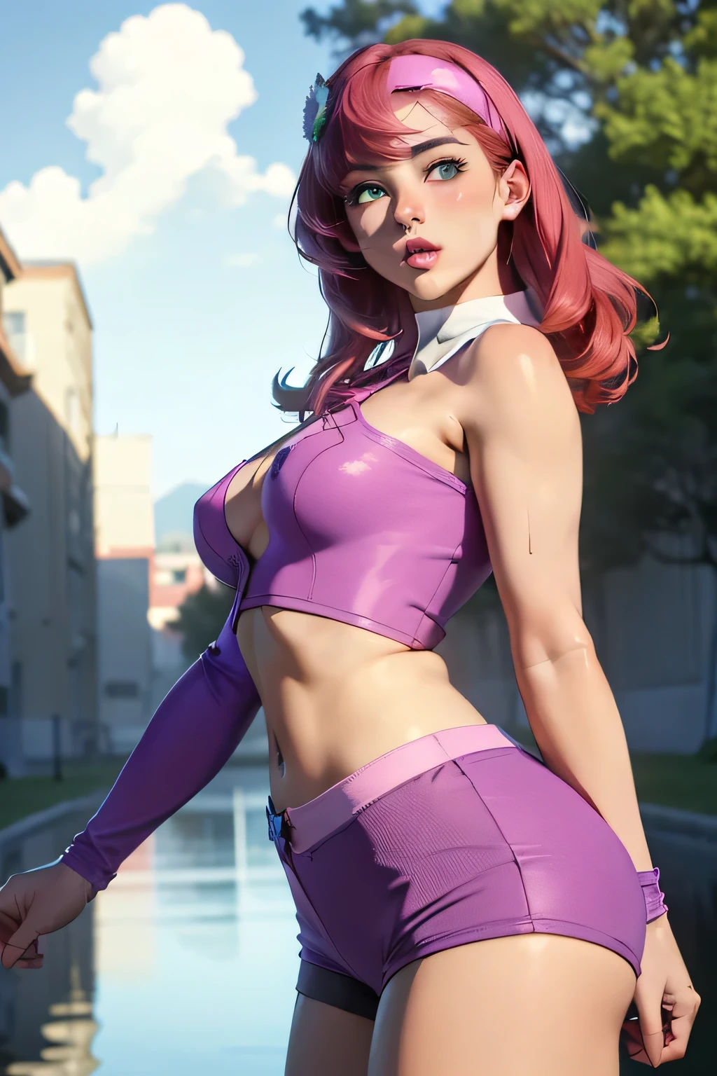 ((masterpiece, best quality, ultra-detailed, ultra-HD, photorealistic, cinematic)), (medium camera shot, from below:1.2), (sensual pose), (alluring and thicc female as Daphne Blake:1.5), perfect anatomy, perfect face, large breasts, proportioned hands, (shoulder-length red hair:1.3), (wears white crop top and short cotton shorts:1.3), (wears a plastic purple headband), ((dynamic background)), (detailed pupils, detailed eyes, blushing, nude lips, slightly parted lips), (wet hair, wet skin), (sunset)