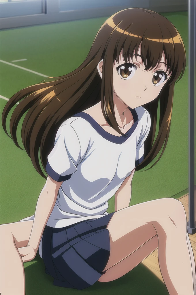 Yuuki Mizuho, One person, alone, Long Hair, hair band, Brown Hair, Bloomers,Gym suit, It's not a leotard., Open your mouth, blush, Lips parted, liar, On the mat,On all fours,On all foursになって,To the audience,From below, retro artstyle,White knee socks, sneakers, 1990s (style), expensive quality, very_expensive_solve, big_file size, Full Color,nsfw,