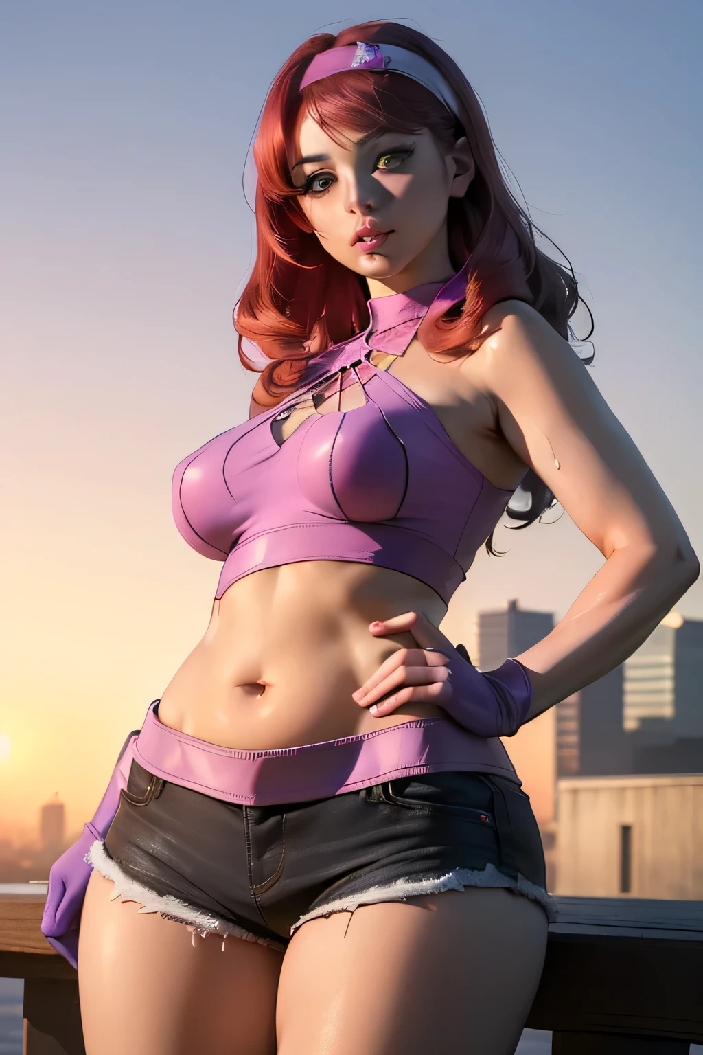 ((masterpiece, best quality, ultra-detailed, ultra-HD, photorealistic, cinematic)), (medium camera shot, from below:1.2), (sensual pose), (alluring and thicc female as Daphne Blake:1.5), perfect anatomy, perfect face, large breasts, proportioned hands, (shoulder-length red hair:1.3), (wears white crop top and short cotton shorts:1.3), (wears a plastic purple headband), ((dynamic background)), (detailed pupils, detailed eyes, blushing, nude lips, slightly parted lips), (wet hair, wet skin), (sunset)