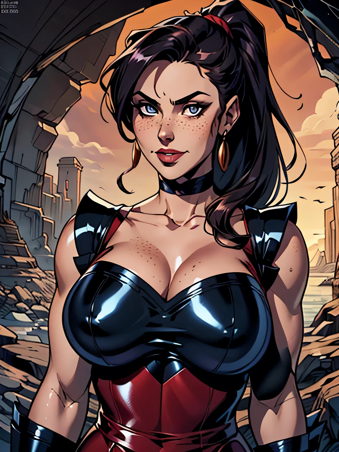 masterpiece, best quality, masterpiece, godlike quality, godlike art, highly detailed face, highly realistic, (((native American))), 1woman , curvy, black hair, long hair, coco skin. ((red bustier, red corset, red panties, black vertical stripes)), (black thigh high boots), black boots, (long gloves, black gloves). Superheroine.  Action pose. Dynamic pose.  Solo. one woman. facing profile. Battle background.

