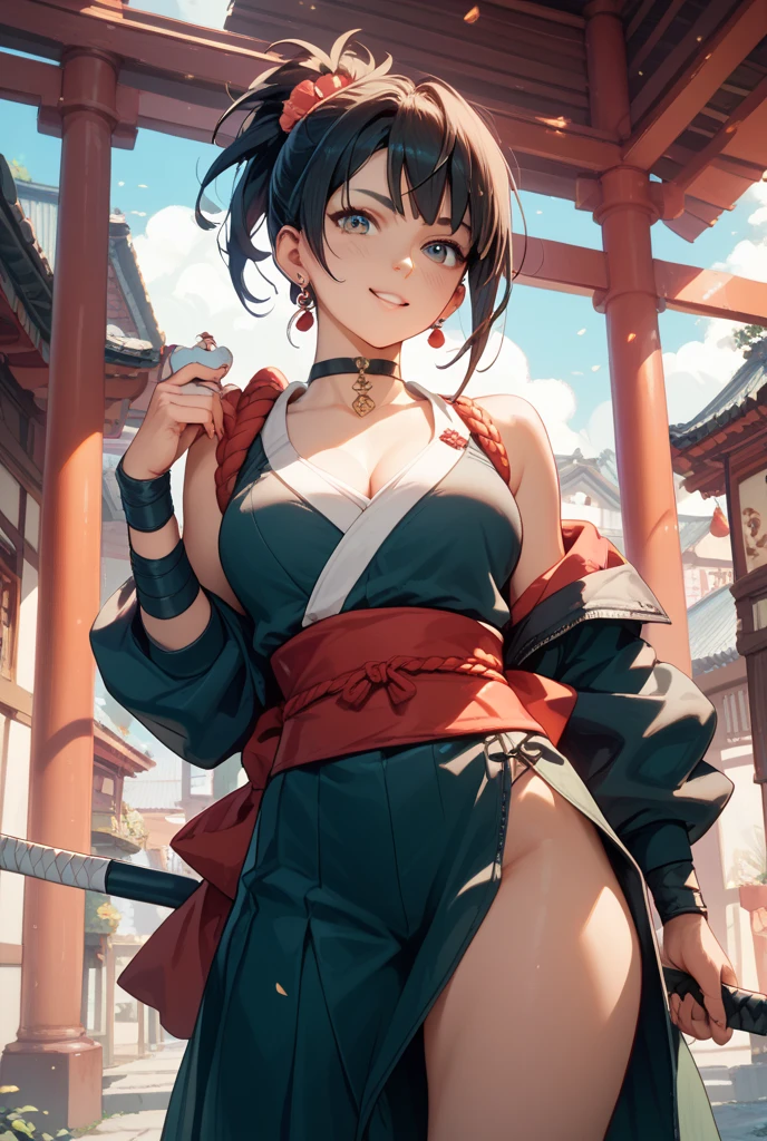 best quality,4k,8k, highres, masterpiece:1.2), extremely detailed eyes, extremely detailed body, (large masterpiece digital art), (detailed manga illustration), (detailed line art), ((perfect anatomy)), (intricate details:1.3), (ultra-detailed:1.3), (illustration:1.3), (sharp focus:1.3), (natural lighting:1.05), (vivid colors:1.3), (masterpiece), best quality, expressive eyes, perfect face, 1 girl, breasts, cleavage, gloves, large breasts, traditional clothes, cerulean clothes, black hair, short hair, messy hair, dark brown eyes, hourglass physique, loose-fitting pants, fighting stance, large ass, pale skin, shrine maiden, tomboy, combat boots, cinematic lighting, dramatic atmosphere, Beautiful woman, katana in hand, Jeff Bridges, ((cartoon style)), Marvel Cinematic Universe style, (((Japanese shrine in the background))), soft bokeh of Japan, Atey Ghailan, Jeremy Mann, Greg Manchess, Antonio Moro, trend in ArtStation, trend in CGSociety, Intricate, High Detail, Sharp focus, dramatic and photorealistic painting art by Midjourney and Greg Rutkowski,