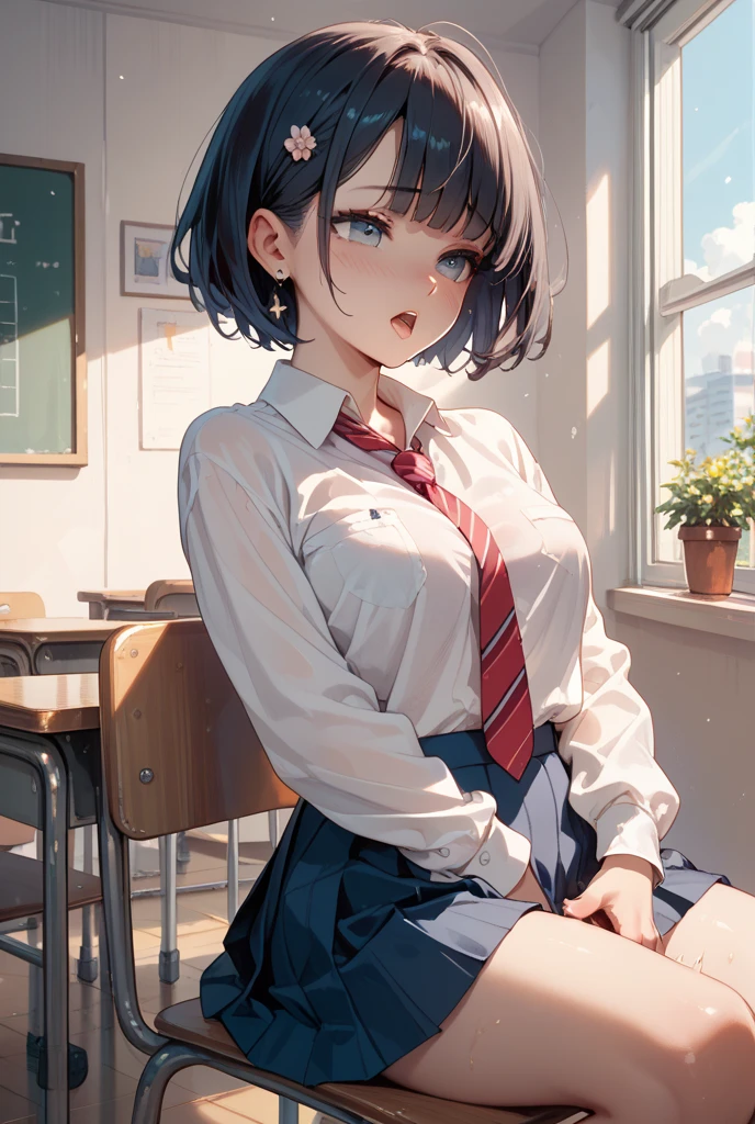 cowboyshot, masterpiece:1.2, highres, 8k, ultra-detailed:1.2, beautiful detailed:1.2, realistic, photorealistic:1.37, cute school girl, Shiny jet black hair,very short straight hair, blunt bangs, bob cut, pure white blouse (with red ribbon at the neck), plaid mini skirt, black thighhigh, round glasses, (in classroom, bending forward on the desk with both hands):1.2, bright rosy lips, beautiful delicate(hair,face,eyes,pupils,lips,clothes), sparkling eyes, gently smile, head tilt
