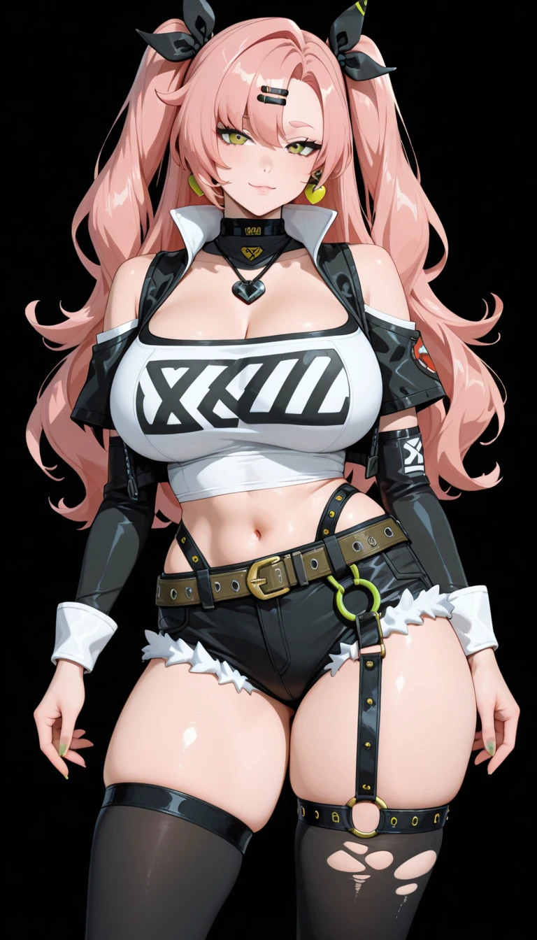 (ultra realistic,32k,photo and gross:1.1),(very detailed skin:1.1), 8k hd, DSLR, high quality, film grain, (make up, mask:1.1), lips,(Thick\lips\), 
(bright and shiny translucent clothing:1.1), 1 girl,pink hair, wide,(aquamarine eyes:0.8),nike, 1 girl,  hair band, two tails, tube top, diaphragm, black shorts, (single thigh high:1.2), huge chest, (Upper part of the body:1.1),
(looking at the viewer, portrait:1.1),, 
 (busty:1.1) ,  (chubby:0.1),(They glow in the dark:1.1),Dark theme, blank background