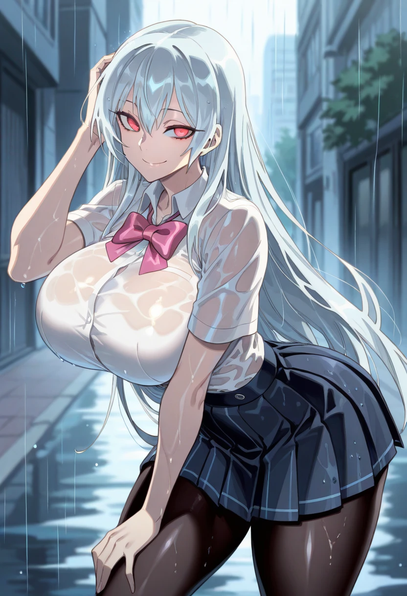 Anime-style illustrations, ((Highest quality, 8K, masterpiece:1.3)), concentrated:1.2, Perfect Body Beauty:1.4, Hips:1.2, ((Layered Haircut, chest:1.2)), (Wet clothes:1.1) , (rain, street:1.3), Bandeau dress: 1.1, Highly detailed face and skin texture, Beautiful Eyes, double eyelid, White skin, Long Hair, (shut up: 1.3)