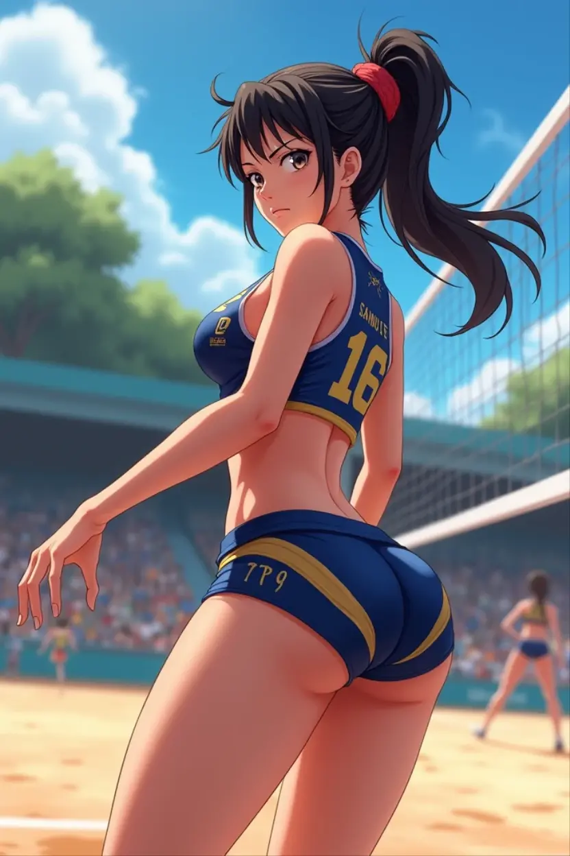 Masterpiece, Ultra High Quality, Super Detail, Perfect Drawing, Solo, Girl, Soccer Club, Soccer Shirts, Half Pants, Spads, Knee Socks: (0.8), Soccer Shoes, Hair Band, Back Figure, Bicycle Shoot: ((Jumping and raising your legs high, kicking the ball overhead)), Round big buttocks, sweat, tanned skin: (1.5), smile, (( Clothes that cling to the body with sweat)), 18 years old, football field, summer sky, cumulonimbus clouds, shot from behind diagonally, bust up, see-through, panty line, dynamism,