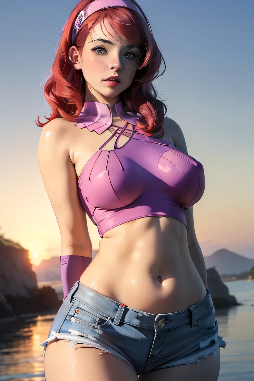 A AMBER HEARD in colorful sports bras, big breasts, mysterious smile, in motion, showing thighs, 3D magical details, James Jean soft light, 4K, Yuri Schvedorf and Tom Bagshaw, beautiful digital artwork, Sylvain Sarrell and Igor Mosky, full body shot