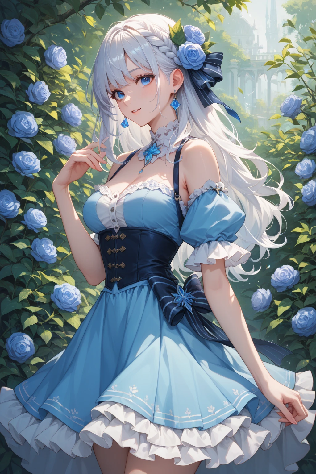 (Face focus)、(1womanl、独奏、Crystal clear white skin、Beautiful fece)、(blue hairs、Gray hair at the ends of the hair、Blue eyes、Elegant smile)、Horse Ears、Morning glory fairy、Blue ruffled skirt and dress、Fairy wings、Morning glory blooms、White underwear、Miniskirt、Big tits、Any posture、Open the crotch、roll eyes、scissor hands、Lots of sex toys