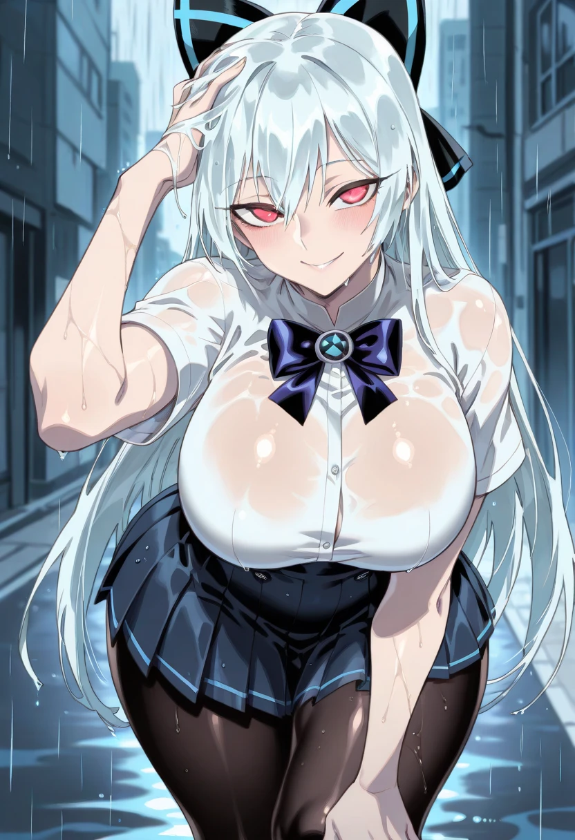 (masterpiece:1.2), (best quality:1.2), perfect eyes, perfect face, perfect lighting, 1girl, milf, gigantic breasts, sagging breasts, see through poncho, rainy weather, wet skin, wet cloth,