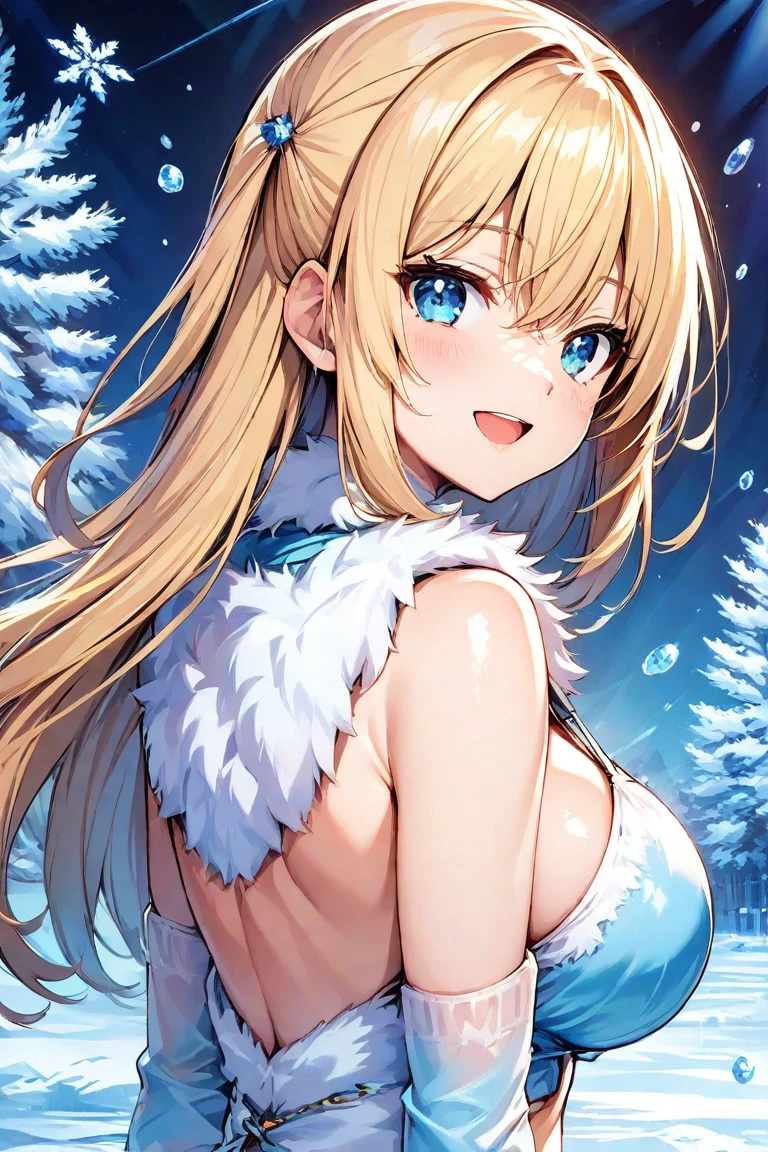 priestess, blonde hair, blue eyes, long hair, hair between eyes,, , empty eyes , large breasts, nipple, Running, , Heavy snowfall area　frozen wet crying mountain Alone, Smile Naked, solo, 1girl, 